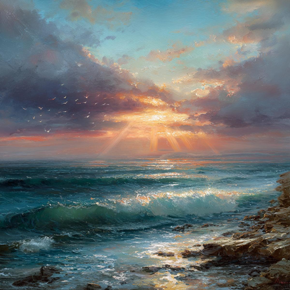 Atmospheric coast of the sea in the rays of the setting sun