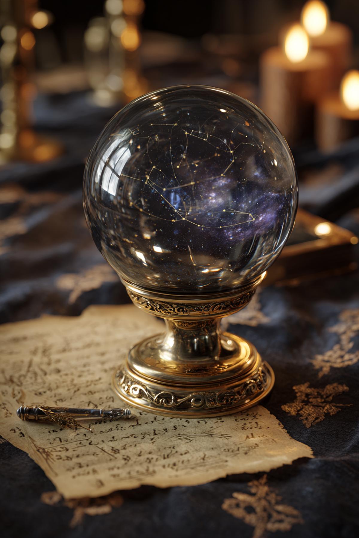 Photorealistic magic artifact: a crystal ball with a diameter of 30 cm, inside which live nebula and stars move. The ball stands on a gilded stand with engraved runes, around an ancient folio with tattered pages and a pen, emitting a light glow. In the background there is a dark-baking velvet with patterned shadows from candles. It was shot on Canon EOS R5 with a 100mm f/2.8 macro lens, the depth of sharpness emphasizes the parts inside the ball. Style: mystical realism with elements of steampunk