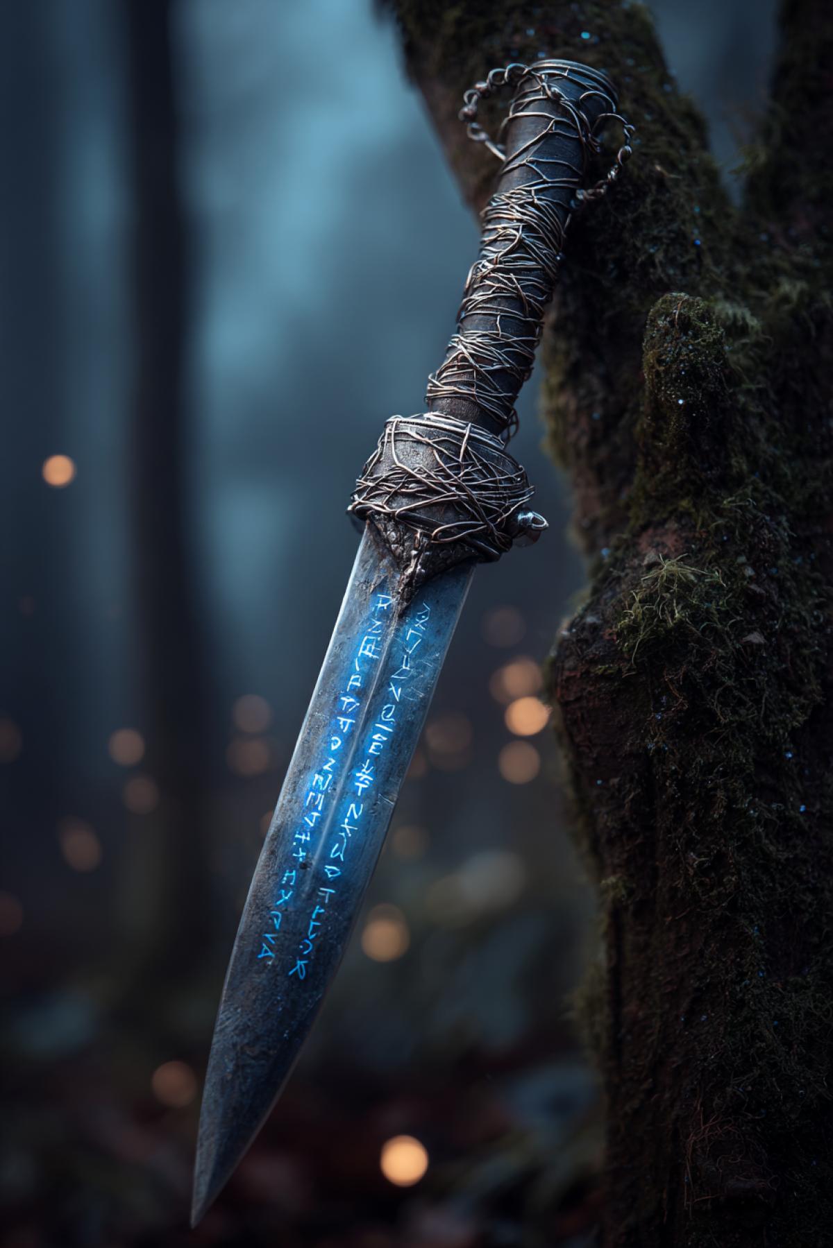 Macroshooting a magic dagger with a blade of hardened moonstone emitting bluish radiance. The handle is wrapped in the roots of an ancient tree, with woven silver threads of magic. On the blades are flickering letters that change when turning. The background is a dark forest with a foggy haze, illuminated by fireflies. Removed on Sony A7R IV with ring backlight, exposure 1/200 sec. Style: Fantasy hyperrealism, like a frame from Peter Jacksons film