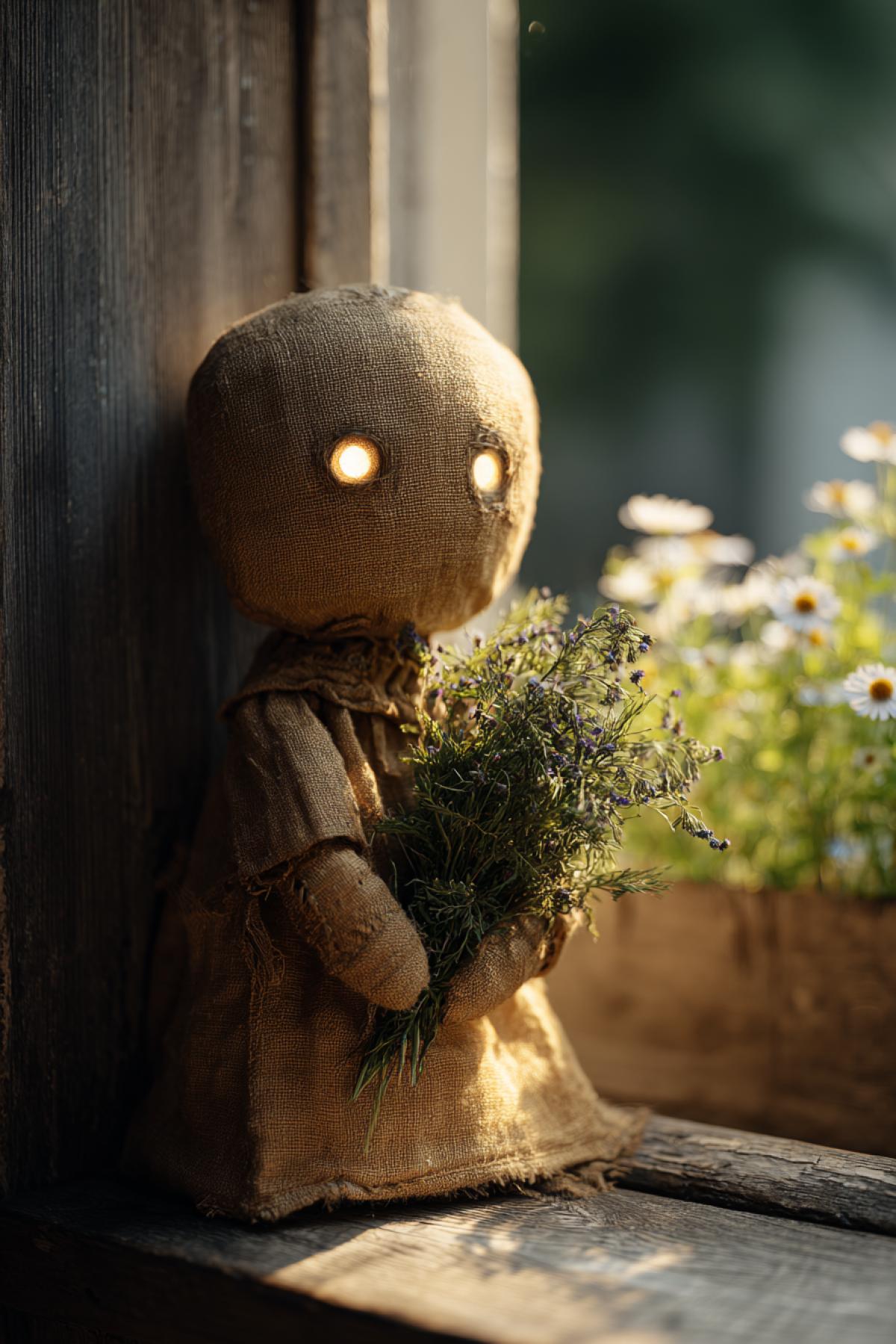 A warm photograph of a rag doll, sewn from golden fabric, with bass eyes radiating soft light. In her hands is a bunch of dry herbs, which never wither. The background is a wooden windowsill, flooded with the morning sun, behind which a flowering garden is visible. Filmed on Fujifilm GFX 100s, natural light, style: cozy magic in the spirit of Hayao Miyazaki