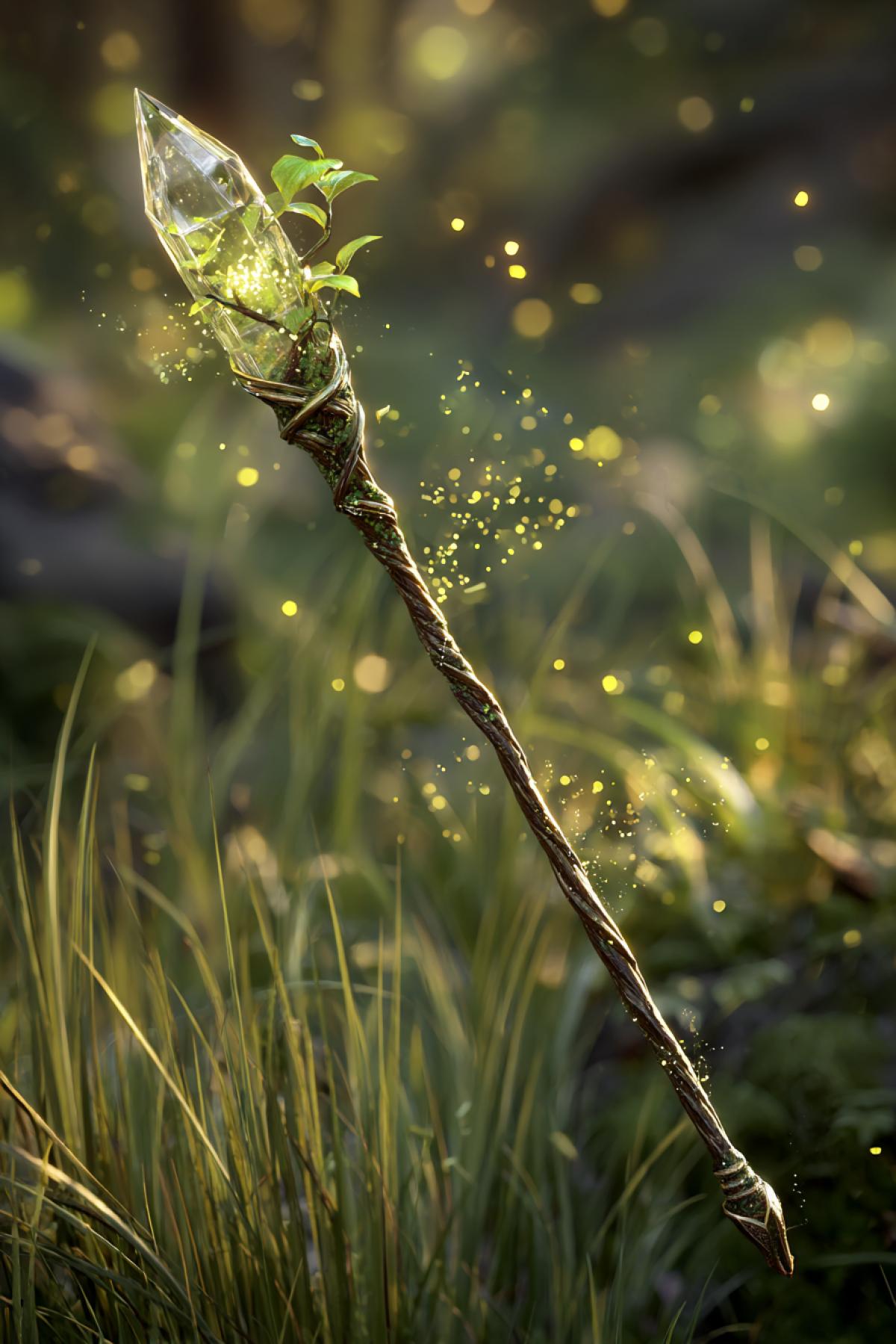 A photorealistic image of a magic staff, emitting a soft golden green glow. At its top there is a transparent crystal inside which a miniature tree with living leaves grows. Around the staff, luminous dust dust, similar to Fariir-jamper, flutter. The background is the sunflooded forest meadow with high grass. Filmed on Canon EOS R5 with a side effect, f/1.8. Style: Fabulous Realism, warm pastel palette
