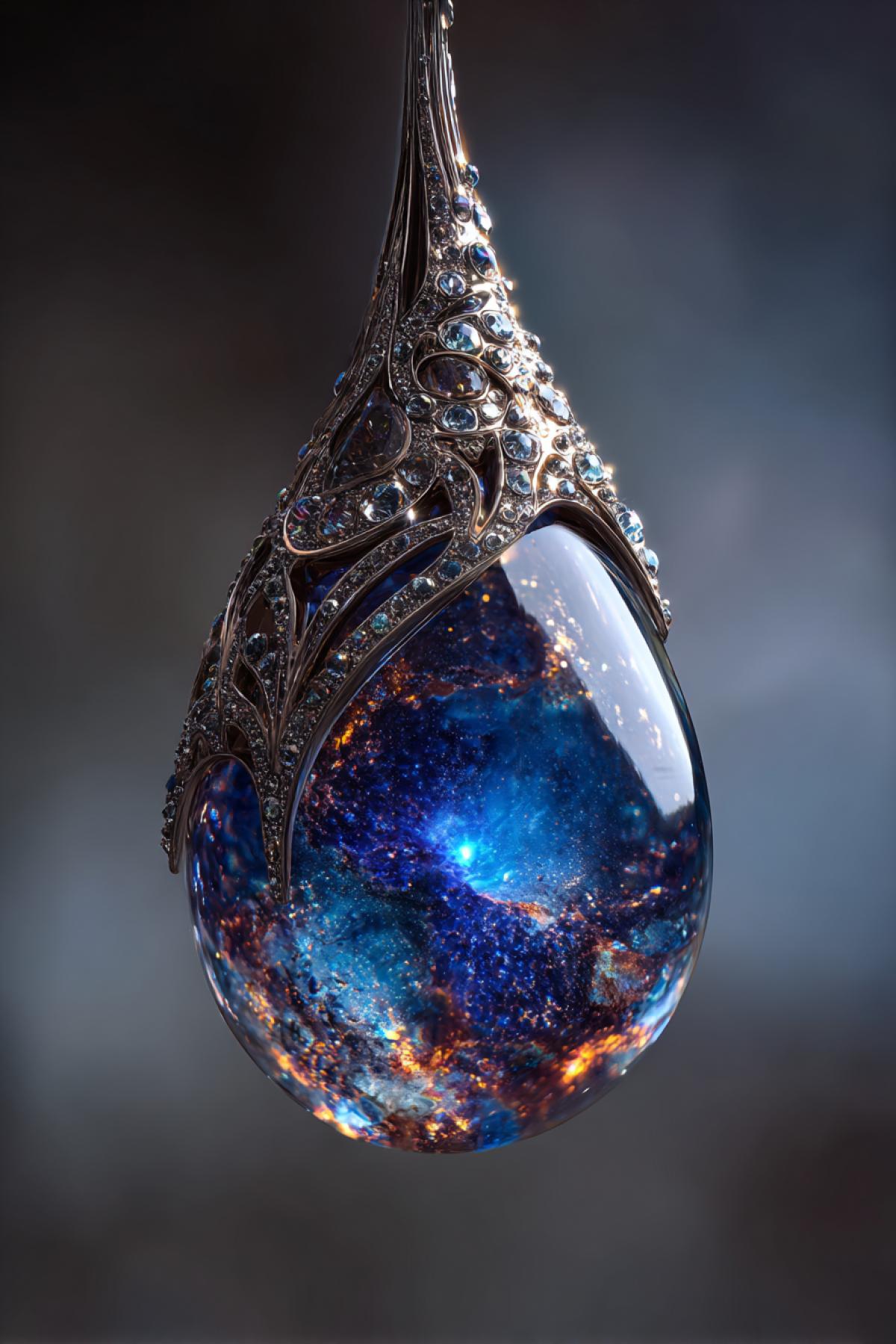 Photorealistic magic artifact: a big drop of water, depending in the air, inside which a miniature ocean with living fish and corals floats. In the center is a luminous blue core, pulsating like a heart. Around dew on web, turning into diamonds in contact with a drop. Filmed on Hasselblad H6D-400C with a 120mm macro lens, f/4. Style: Fabulous hyperrealism, the magic of nature