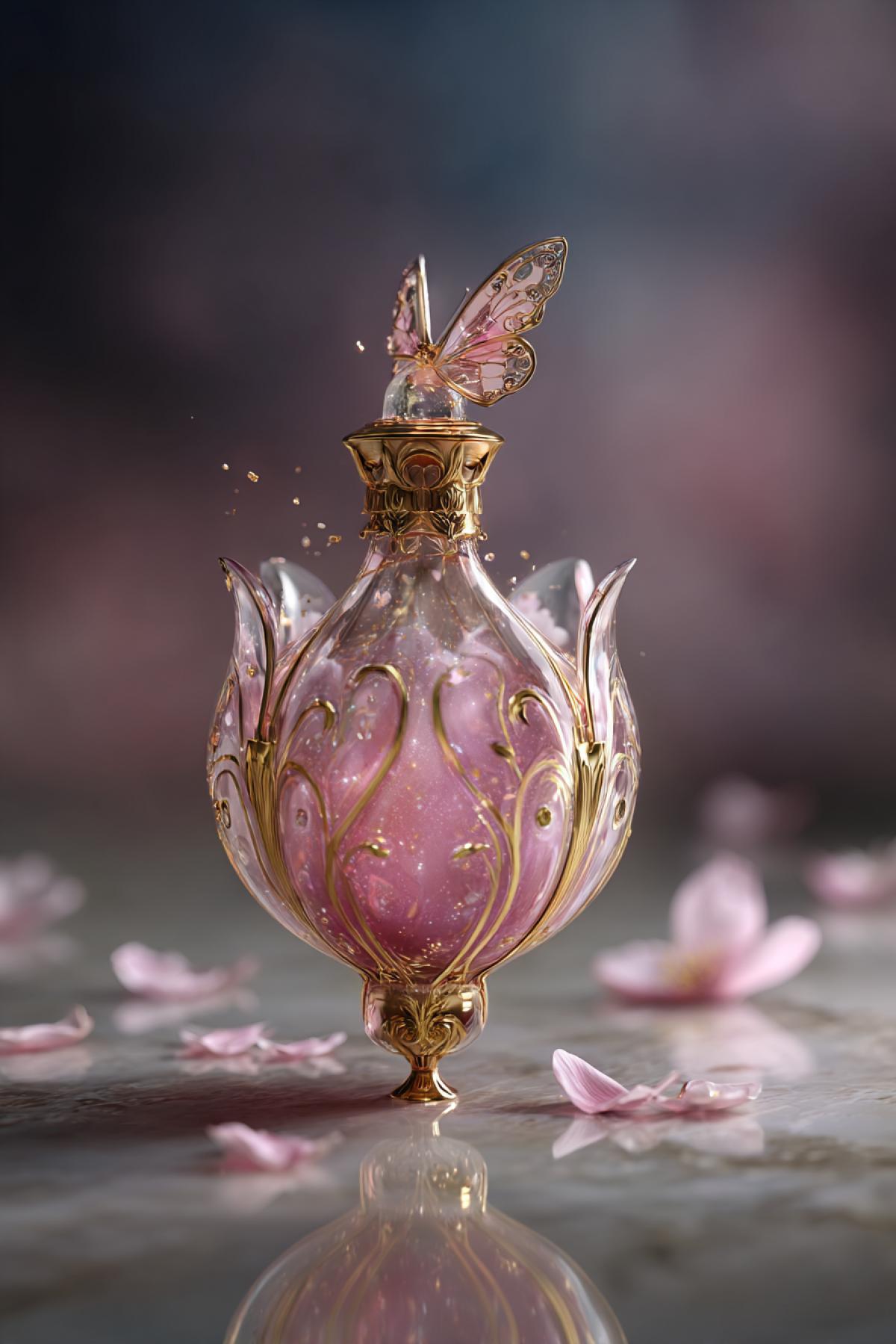 A photorealistic crystal bottle in the form of a blossoming tulip, decorated with ornate gold patterns in the style of Art Nuvo. A pink-4k potion shimmers inside, from which microscopic stars disappear or disappear. The neck was hanging, turning into a miniature butterfly. The bottle stands on the marble table, reflected in the polished surface, and the petals of sakura slowly rotate around it in the air. Filmed on Hasselblad H6D-400C with a 120mm macro lens, f/4. Style: luxurious fantasy-hyperrealism