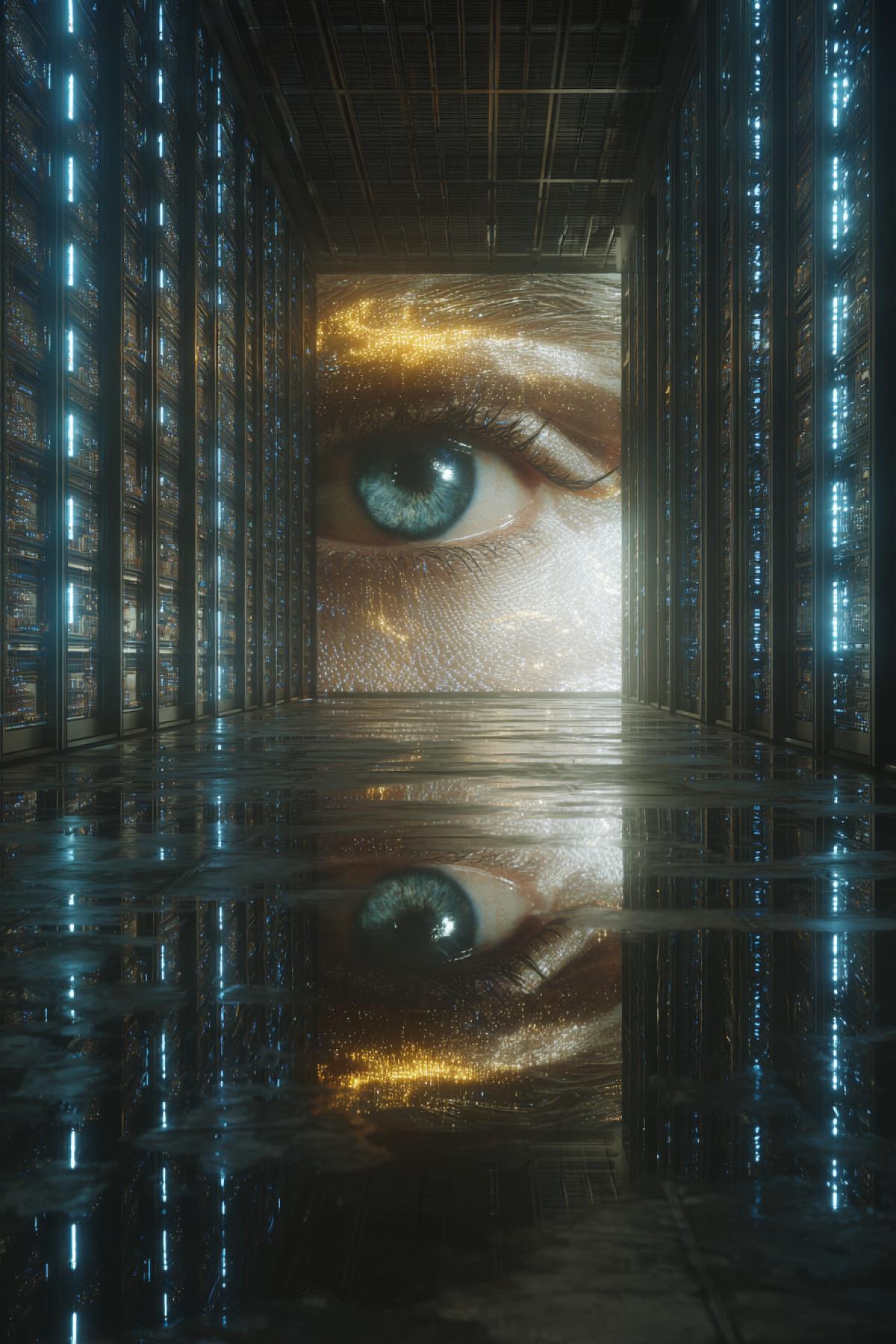The photorealistic moment of AI awakening: an endless server hall with blue neon racks, where one single car suddenly radiates golden light. Its monitors show a rapidly changing code that develops into the human eye, and sparks in the form of neural connections break out of the ventilation bars. On the floor is a reflection of a digital face. Filmed on Sony A7S III with double exposure, style: cyberpunk-mysticalism