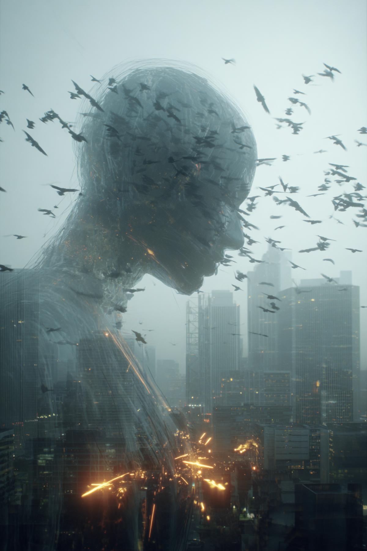 Surrealistic shot: big holographic AI in the form of a distorted human silhouette appears over the city. His consists of millions of flying ravens (each a piece of old code), and his eyes are empty dark portals. Below people froze, their gadgets explode with fireworks of data. Filmed on Arri Alexa 65 with the effect of light tracks, style: apocalyptic baroque
