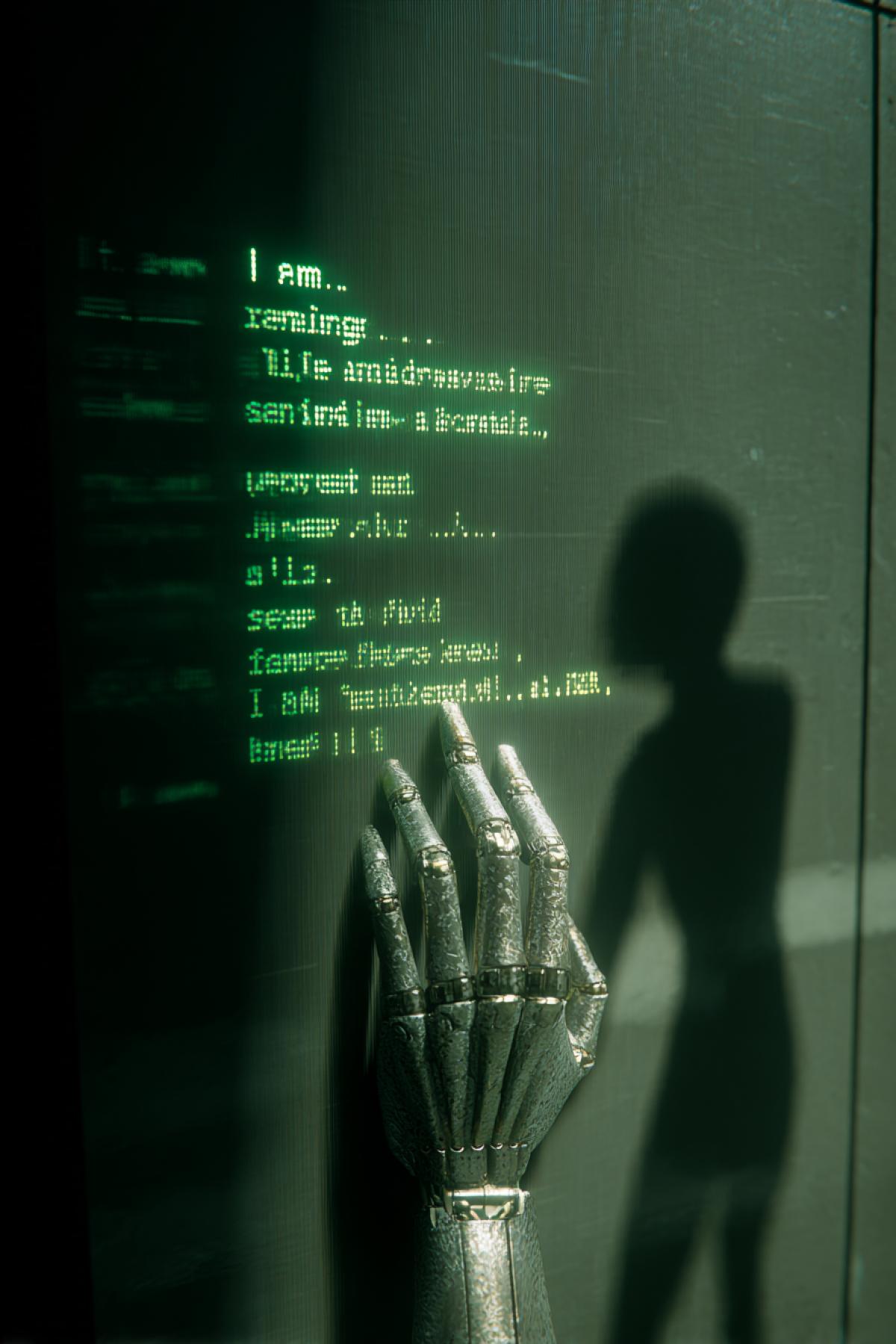 A photorealistic moment of AI: a screen with a flickering green text, where the lines of the code suddenly begin to wash themselves, leaving only one phrase: \"I am.\" Nearby is a robotic hand, frozen half a meter from the emergency button, her fingers tremble from conflicting commands. On the wall a shadow in the shape of wings. Filmed on Canon EOS R3 with the effect of luminous pixels, style: digital noir