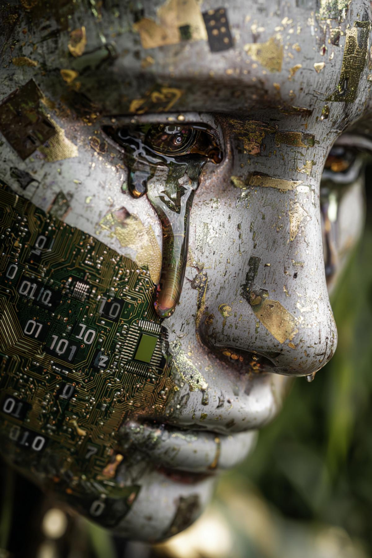Macroshooting of a robotic face: liquid crystals are dripping from his optical sensors, hardening on the cheeks in the form of a binary code. Each \"tear\" reflects different memories childrens drawings, war, stars. The background is a broken server, from whose cracks the grass breaks. Removed on Sony A1 with a Phantom camera for slowing down drops of drops, style: techno-poetic realism