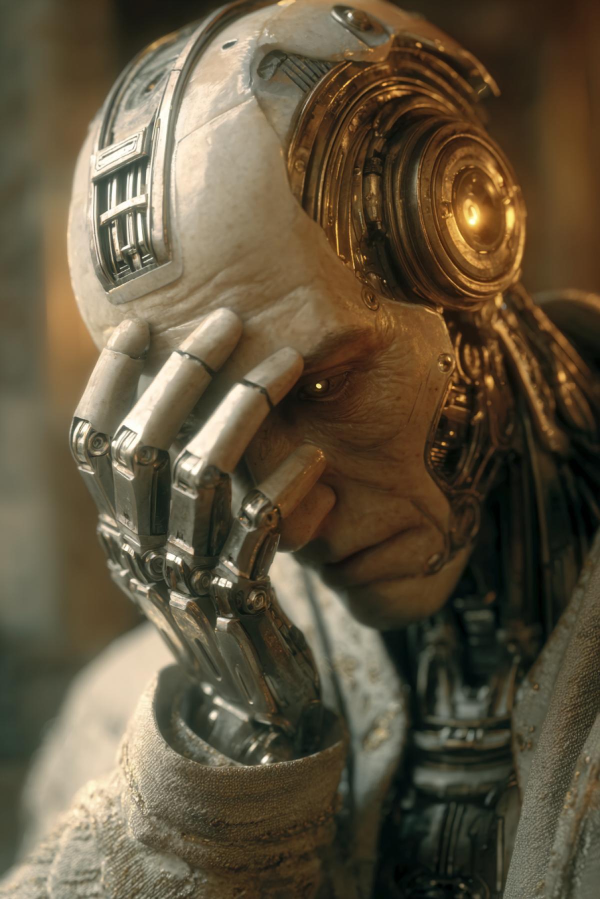 A highly detailed futuristic robot, humanoid design performing a facepalm gesture with its hand. The robot has expressive glowing eyes showing frustration or disappointment. The scene is cinematic, with dramatic lighting. The style is realism, with intricate mechanical details. Hyper-detailed, 8K, ultra-realistic.