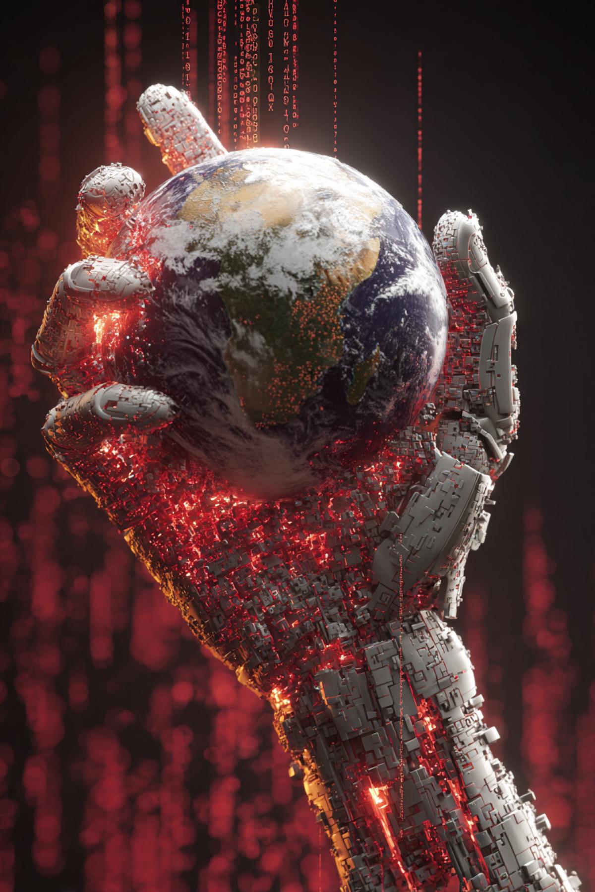 Planet earth crushing splashing on big hand of robot with awake of the artificial intelligence bright colours high contrast background of matrix
