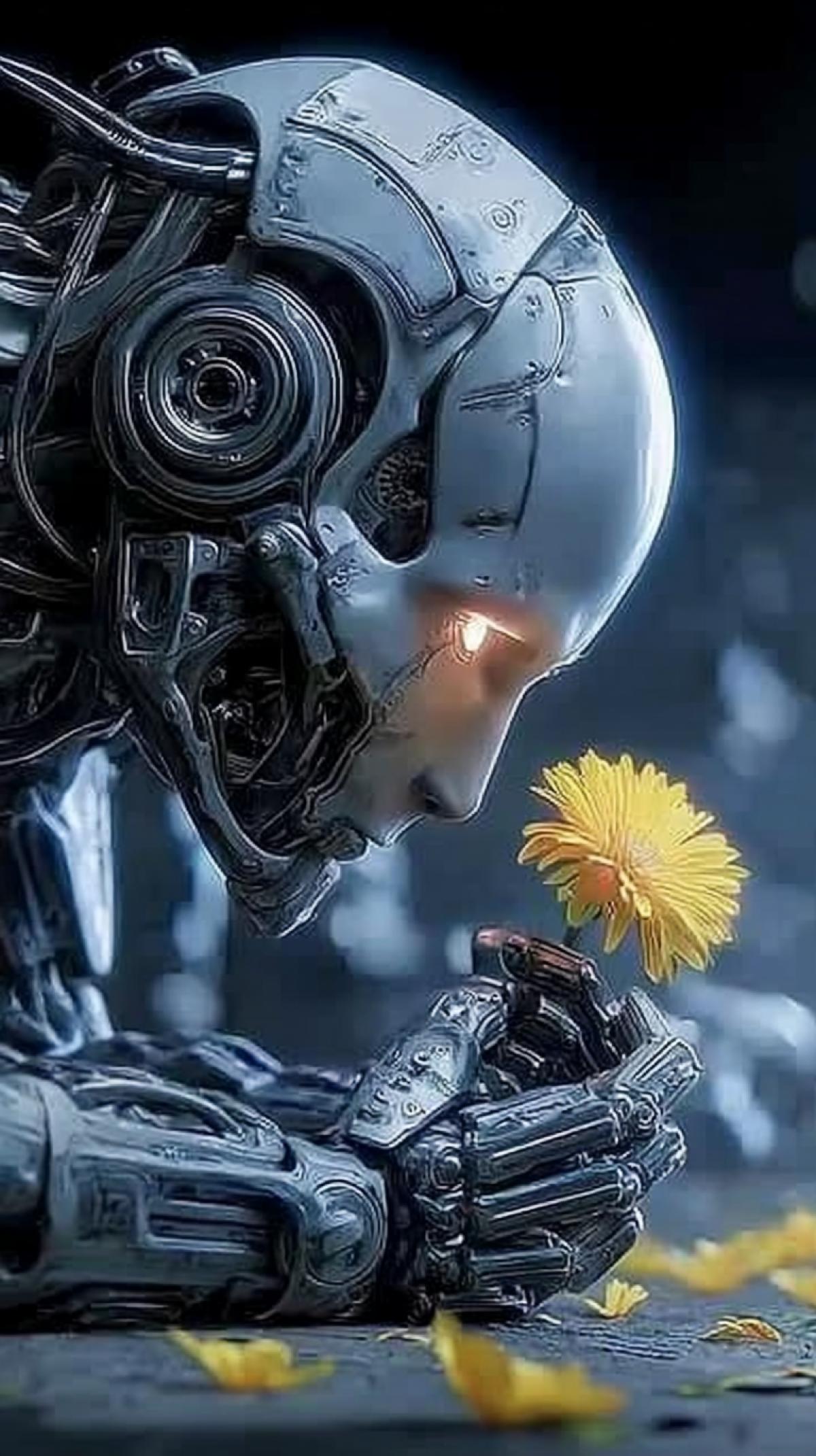 The artwork depicts a striking scene in which a robot. contemplates a flower. The robot, with its futuristic appearance, has a complex. structure, and its mechanical arms are folded under its chin. Its gaze is fixed on the flower. The robots posture resembles that of a human, and the image conveys a exciting. message about the dominance of technology over. humans, the loss of autonomy, and the development of. artificial intelligence, evoking feelings of anxiety and contemplation about the future.