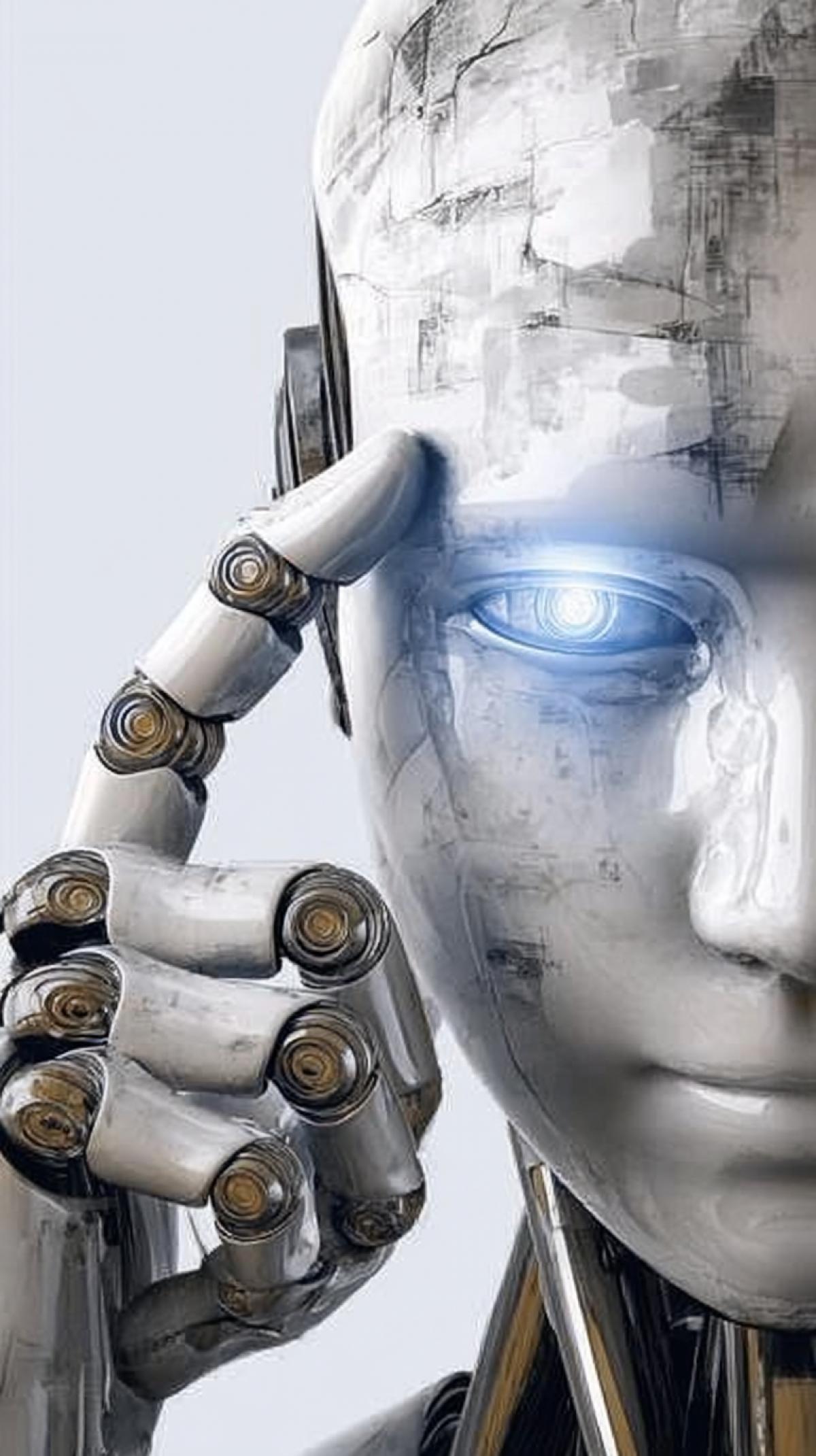 The artwork depicts a striking scene in which a robot. becomes self-aware. The robots mechanical hand rests against its temple, and its futuristic appearance suggests a complex. structure. The image conveys a exciting message about the dominance of technology over. human beings, the loss of autonomy, and the development of artificial intelligence, evoking feelings of anxiety and contemplation about the future.