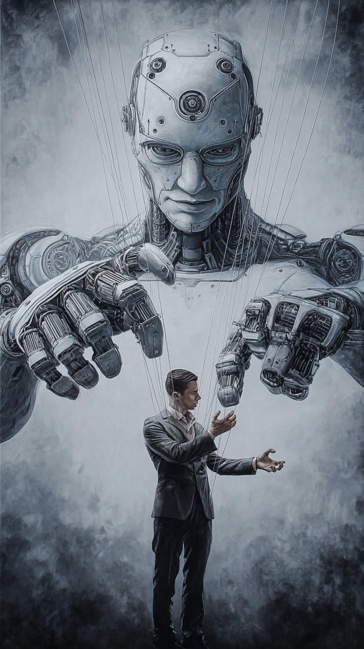 The work shows a striking scene in which a robot. controls a human as if he were a puppet. The robot,. with a futuristic appearance, has a sophisticated. design and from its mechanical hands come metallic. threads connected to the humans hands, controlling. his movements. The image conveys a worrying. message about the dominance of technology over. human beings, the loss of autonomy and the advance. of artificial intelligence, evoking feelings of concern. and reflection about the future.