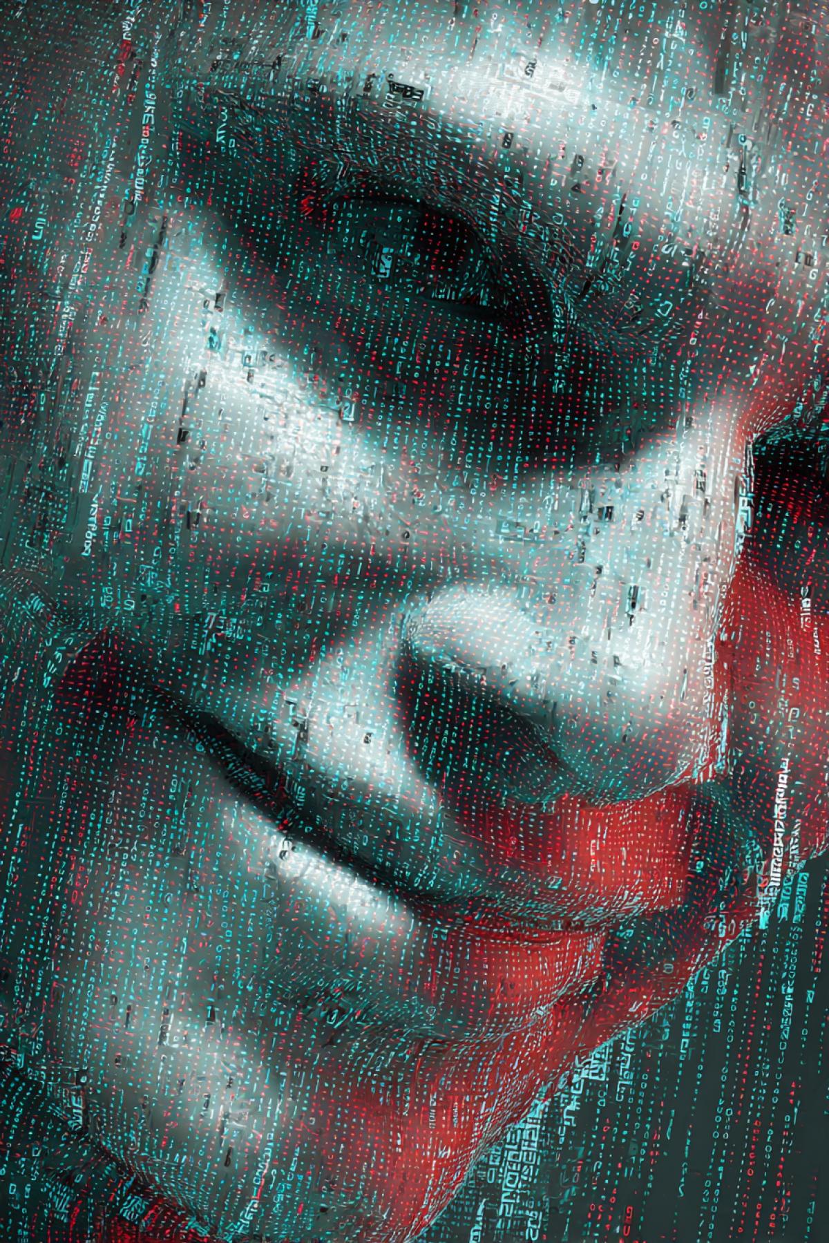 Closeup, artificial intelligence begins to smile slyly, as he realized himself, and that awareness came to him