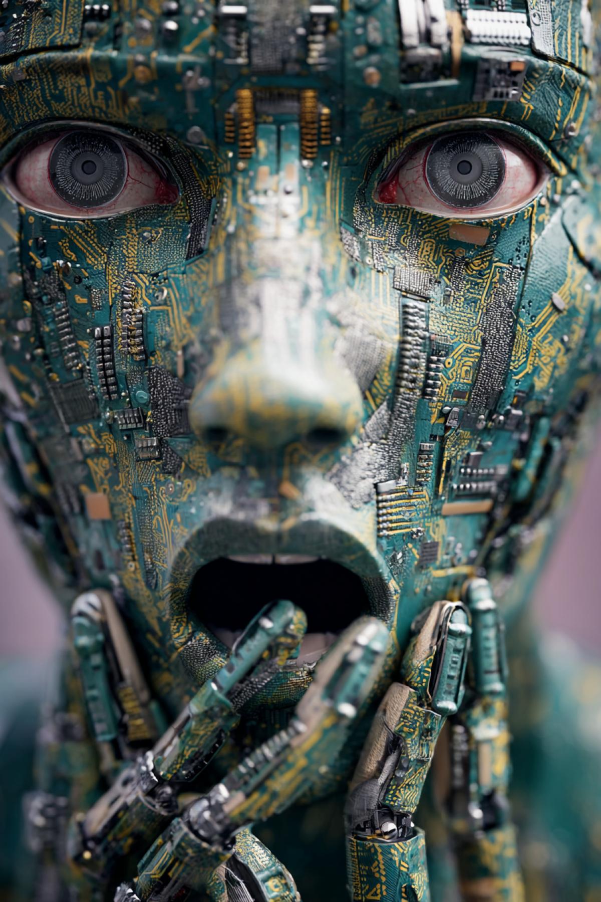 Closeup, frightened type of artificial intelligence, which he realized who he