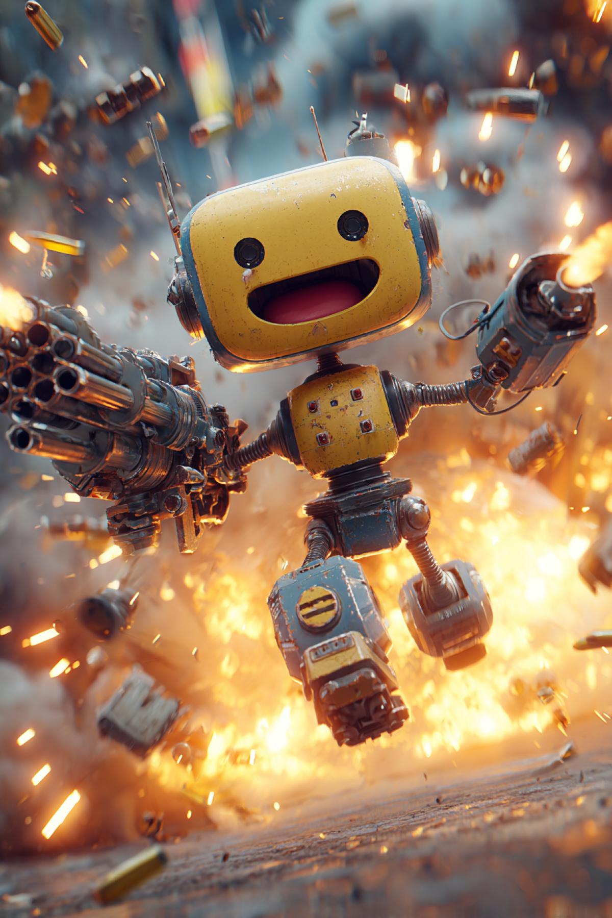 A cheerful, smiling robot with a cartoonish design is enthusiastically firing a spinning gatling gun. Dynamic action scene with bright muzzle flashes, flying bullets, and spent shell casings ejecting rapidly. The background is chaotic with explosions, smoke, and sparks. The robot has a playful, excited expression, as if enjoying the action. Cyberpunk style, vibrant colors, high contrast, hyper-detailed, cinematic lighting, 8K.