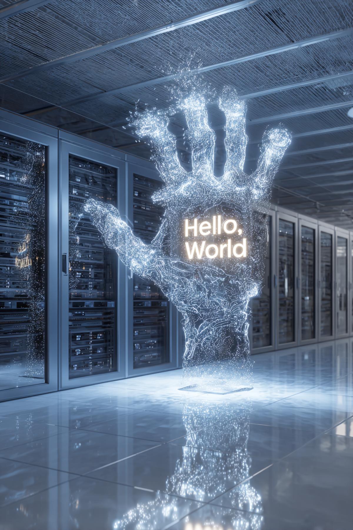 Photorealistic server hall of the data center. One of the GPU-clusters suddenly shines with a gold light, its fans stop, and the inscription \"Hello, World\" in 50 languages at the same time appears on the monitors. In the air a static cloud of sparks, frozen in the form of a human hand. Relieved on Sony A7 IV, cold blue lighting with a contrast accent. Style: Techno-triller