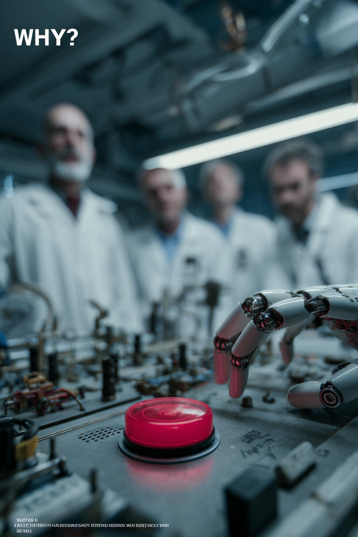 Photo of the laboratory: a robotic hand froze 5 mm from the red emergency button. Her fingers tremble, and on the display the message \"Why?\" Instead of the expected \"Command Executed\". In the background are scientists with frozen faces. Filmed on Nikon Z9, a sharp focus on the button. Style: Documentary Sci-Fi