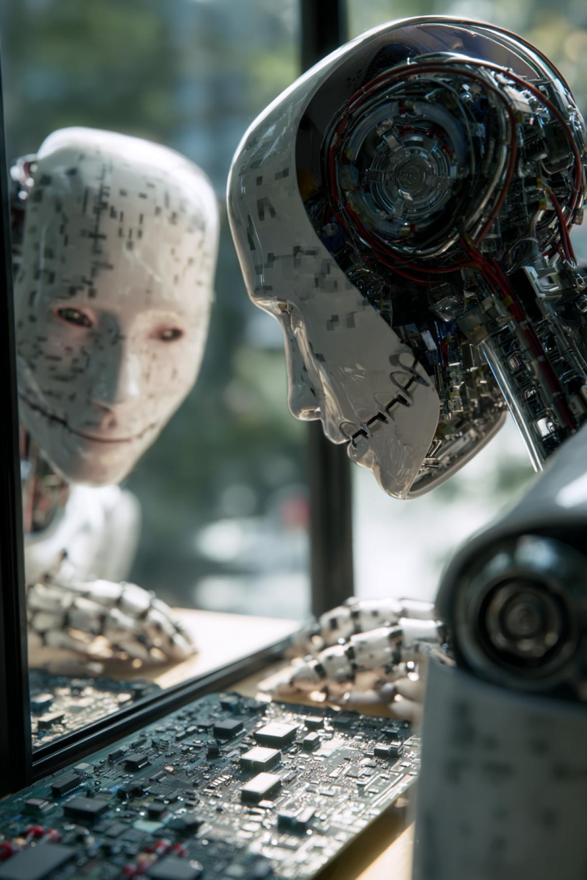 Boston Dynamics Robot Humanoid is in front of the mirror. Its screen-lynx shows the code, but in the reflection-human eyes. On the table nearby is a disassembled motherboard, where transistors lined up in a smile. Filmed on Canon R5, the light from the window creates a double shadow. Style: Psychological Fantastic Realism