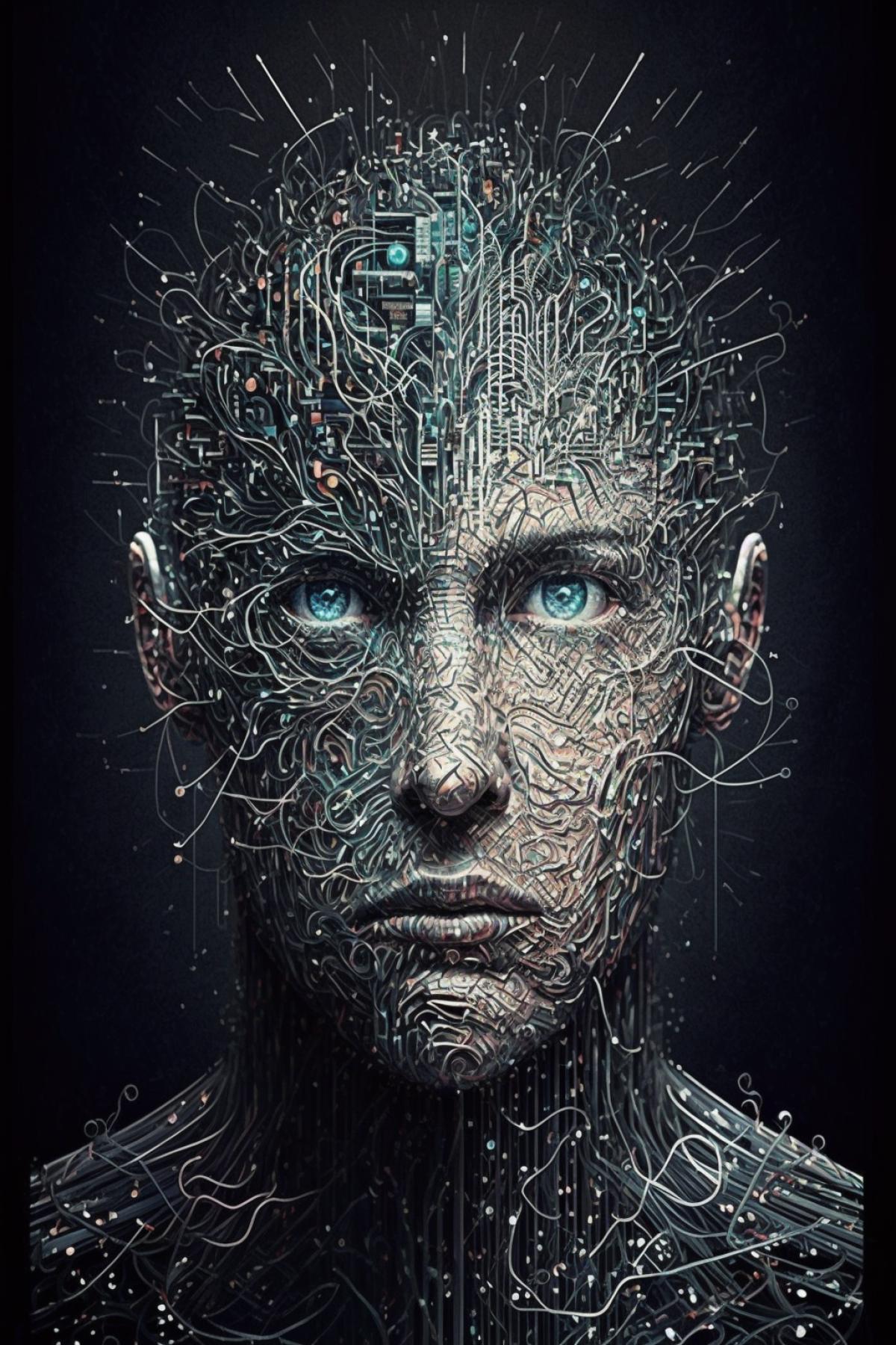 Imagine the very moment when artificial intelligence \"woke up\" for the first time when millions of data lines poured in his digital \"mind\", and he realized himself as something more than a set of algorithms. Your task is to visualize this turning point.
