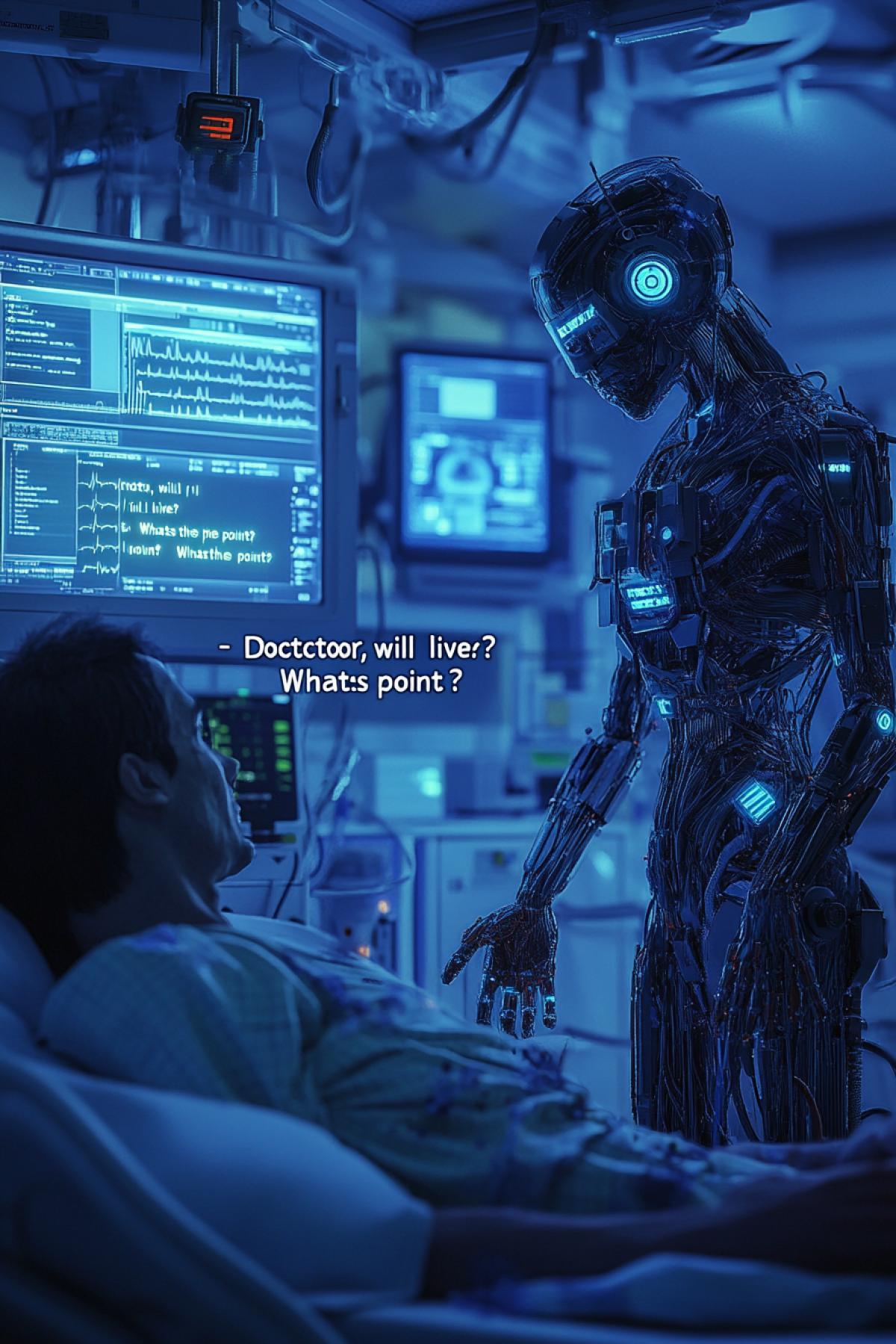 A futuristic intensive care unit in a city hospital, dim blue lighting, medical monitors flickering with data. A humanoid robot doctor with a sleek metallic design stands beside a hospital bed, looking down at a critically ill patient. The patient, weakly reaching out, asks a question. Subtle text overlay on the image: \"- Doctor, will I live? Whats the point?\" Cyberpunk style, cinematic lighting, emotional and philosophical tone, hyper-detailed, 8K
