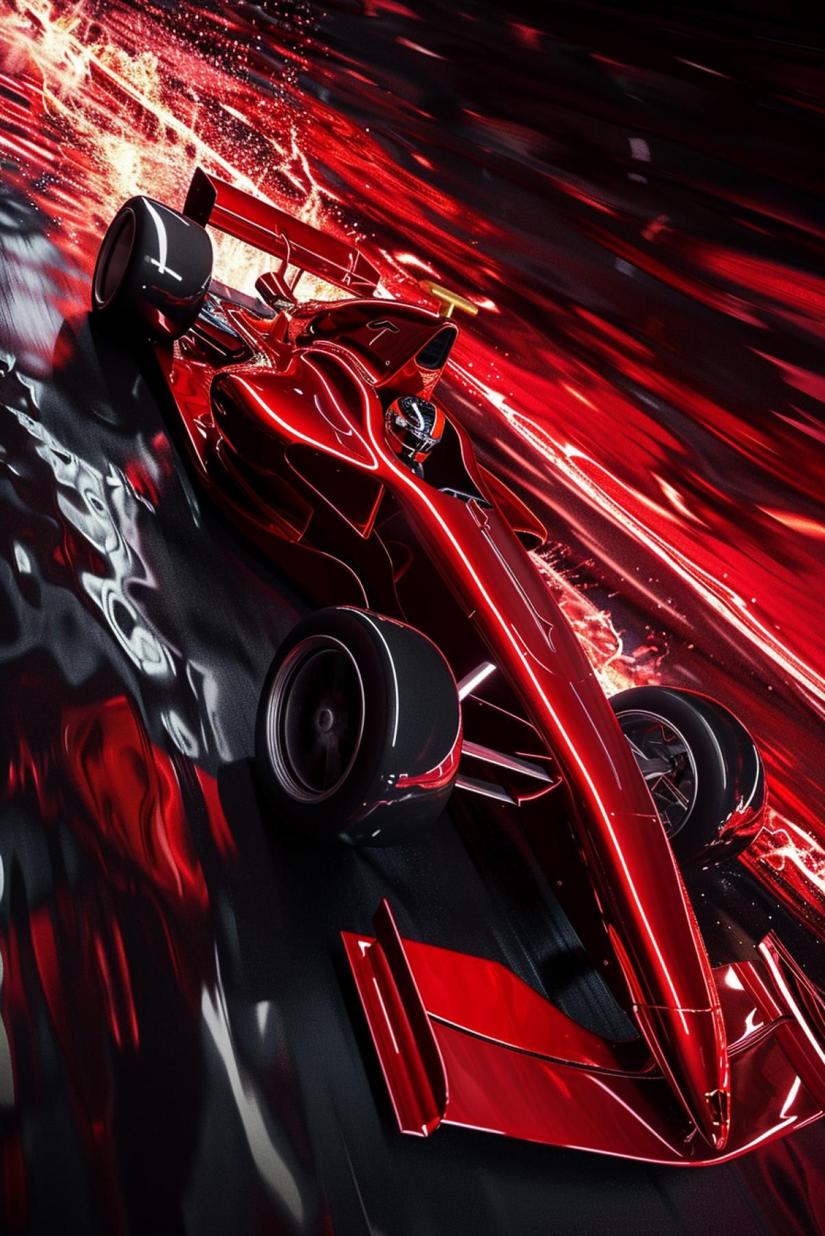 Formula-1 futuristic race car deep red chrome shine gloss low side view wide angle on background of dark velvet and dark jumping cougar breathtaking realistic detailed photo fire gloss revue