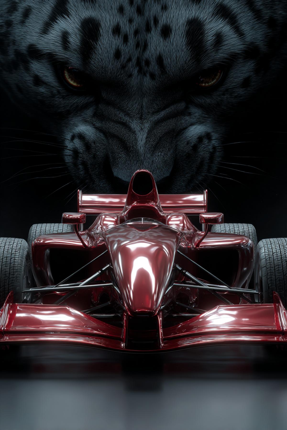 Formula-1 futuristic race car deep red chrome shine gloss on background of v dark velvet and dark jumping cougar breathtaking realistic detailed photo fire gloss revue