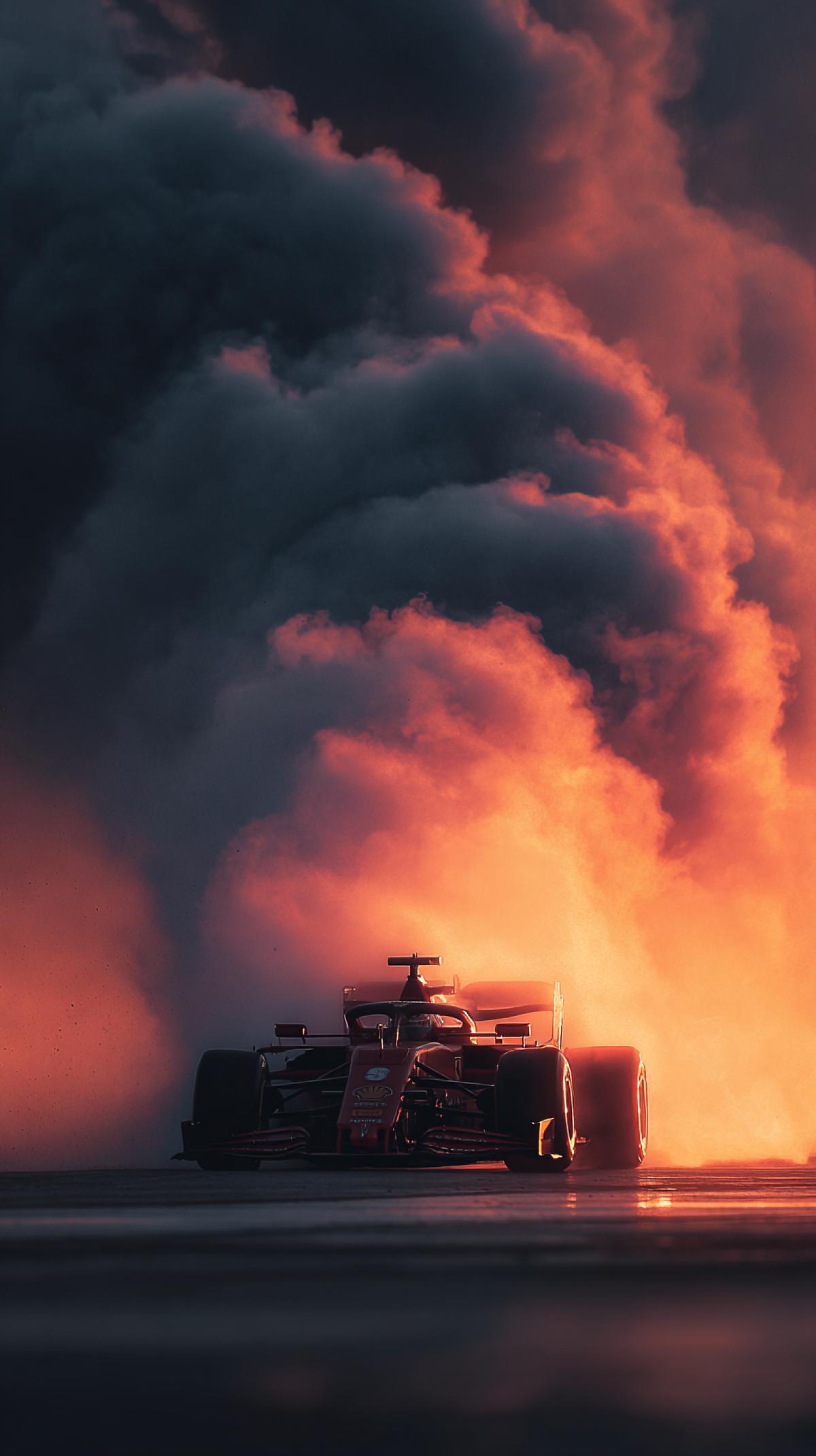 Ferrari in flames-a car on the edge!. A stunning scene of pure adrenaline and. power! This Ferrari Formula 1 is in the middle of. burning out, with burning tires and thick clouds. smoke dominating the environment. A visual spectacle. that represents the pinnacle of speed, engineering. elite and the intensity of the tracks. Ferrari Formula1