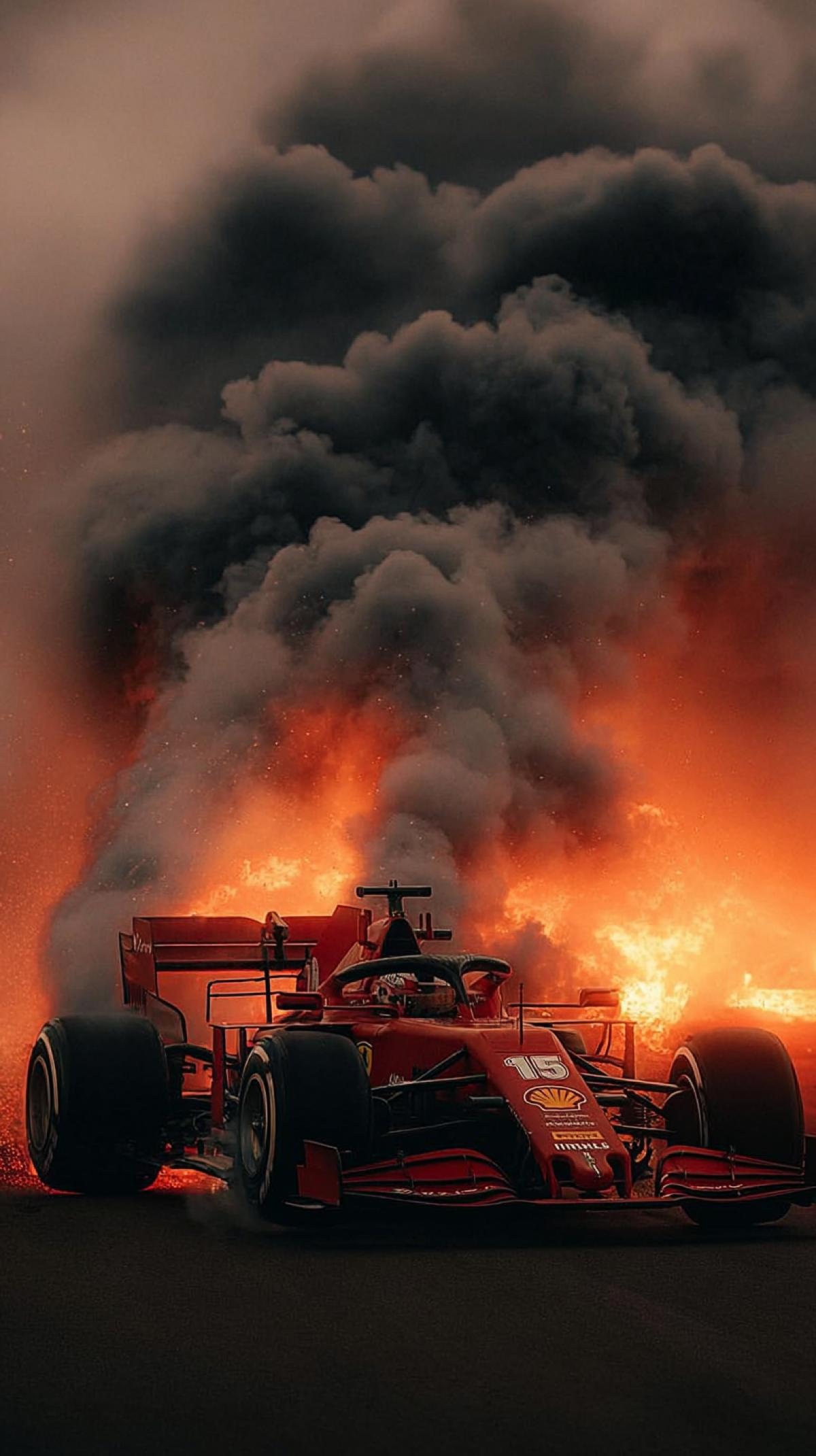 Ferrari in flames-a car on the edge!. A stunning scene of pure adrenaline and. power! This Ferrari Formula 1 is in the middle of. burning out, with burning tires and thick clouds. smoke dominating the environment. A visual spectacle. that represents the pinnacle of speed, engineering. elite and the intensity of the tracks. Ferrari Formula1