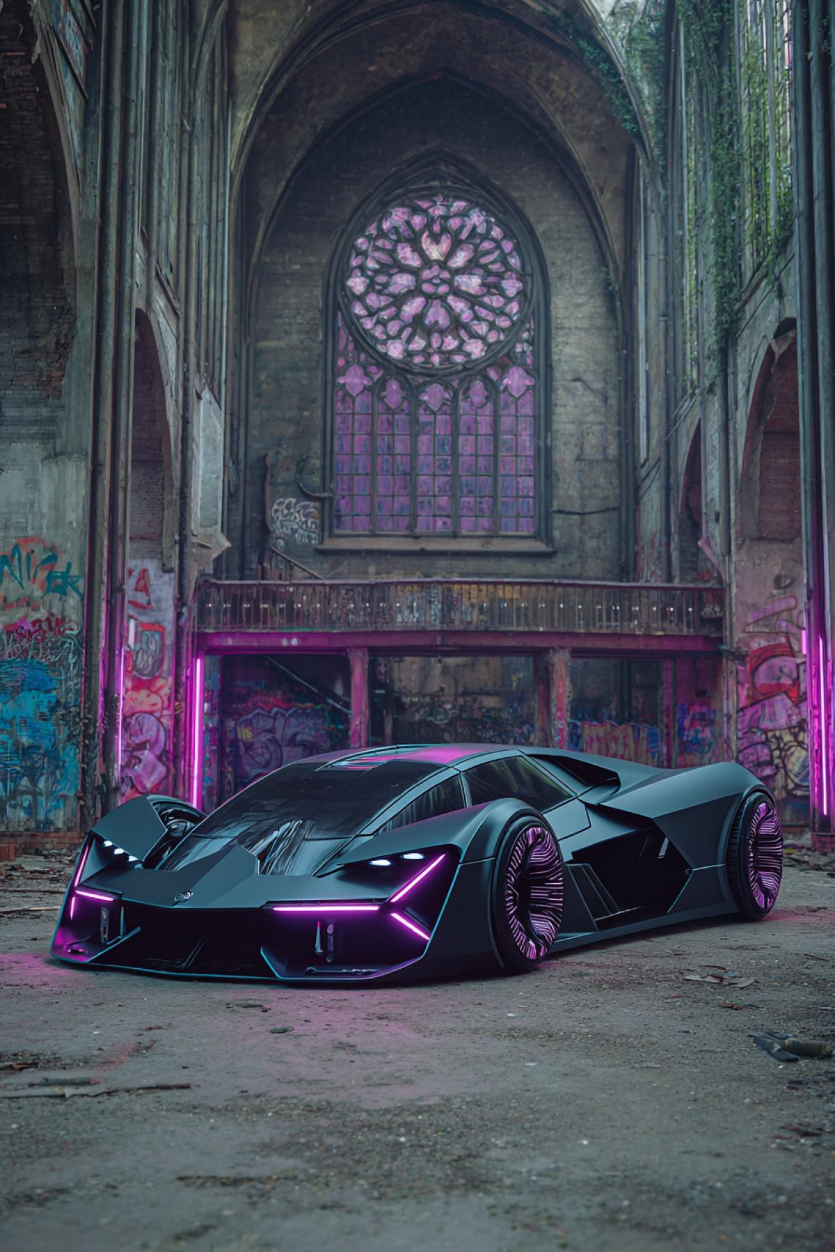A photorealistic concept car in a Gothic style: a coal-dark case with asymmetric spikes luminous purple around the edges. Instead of headlights two empty eye sockets from which smoke flows. The wheels are replaced by antigravity plates that leave traces in the form of runes. Background: abandoned cathedral with neon graffiti. Filmed on Sony A7S III in an infrared spectrum, style: Dark-Kibertpank