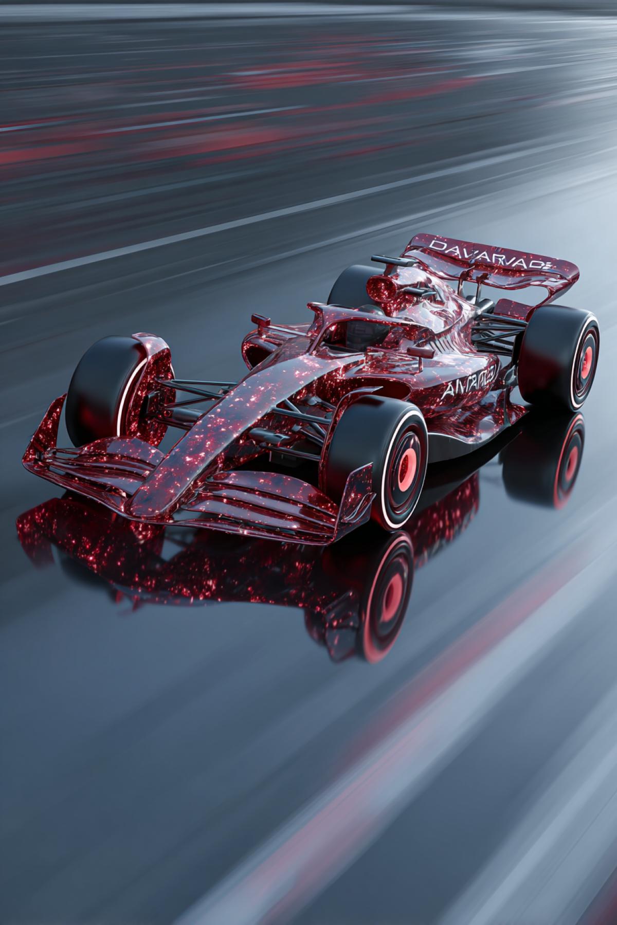 A racing car with active camouflage: when driving at a speed of 300+ km/h, its surface becomes transparent, exposing the \"skeleton\" of titanium tubes and a holographic engine. At the time of the photo, he is halfsee (red matte), half disappears, distorting the background. The track is reflected on its as on a mirror. Removed on Canon R3 with exposure 1/8000 second, style: Scientific and fantastic high-tech