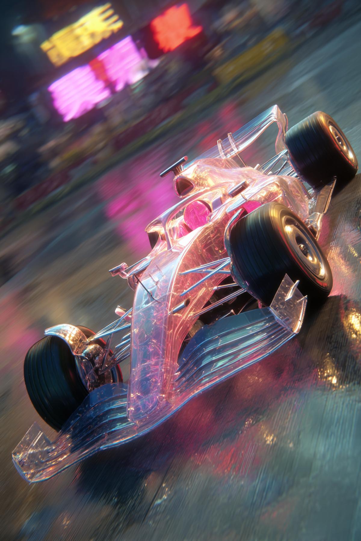 View from above at an angle of 45 °: a photorealistic formula 1 with a carbon case, through which a luminous power system is visible. The rear wheels leave a double mark real traces of rubber and holographic numbers of telemetry. BOF: Night City Track with neon advertisements. Style: Futuristic sport, 8k, clear details