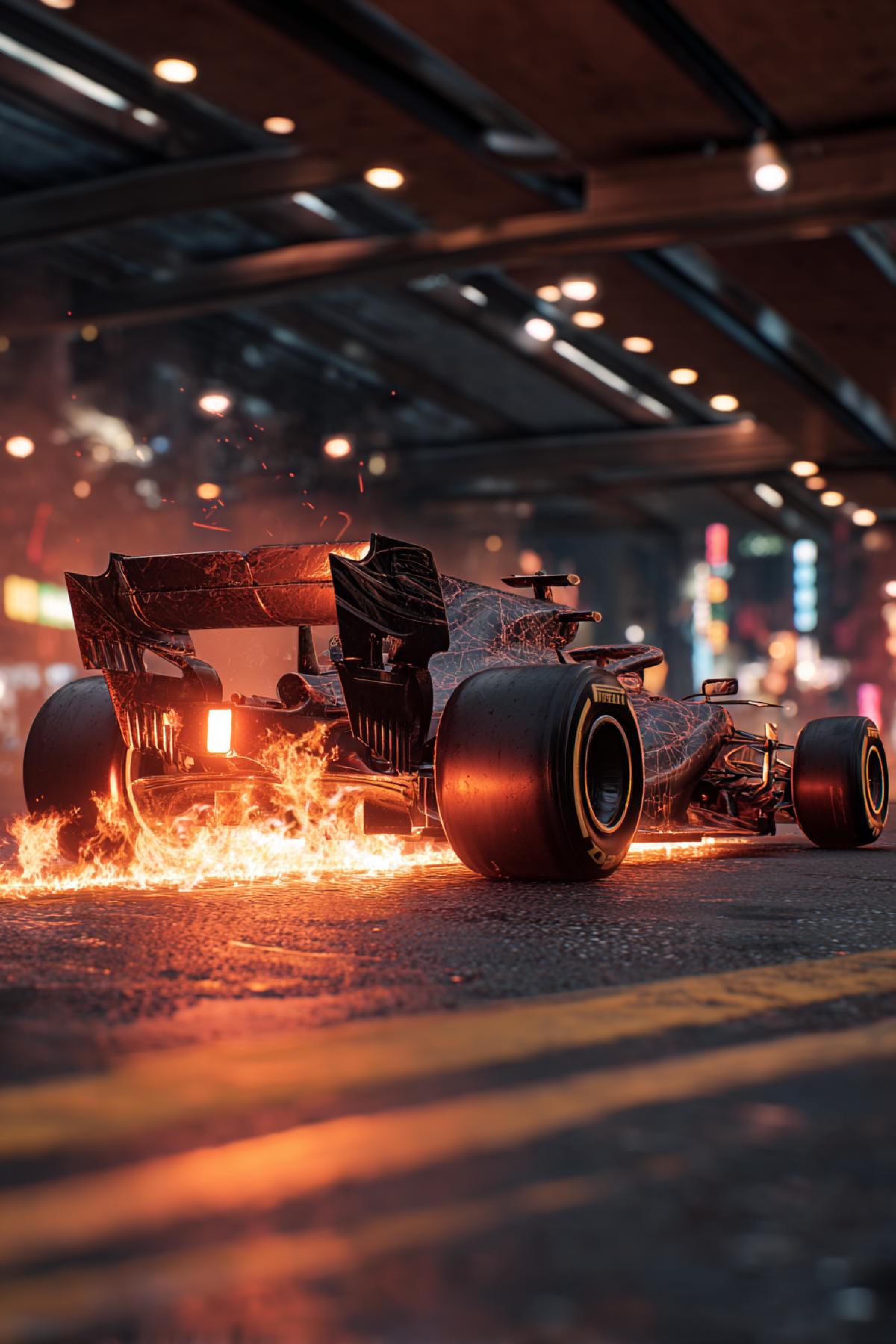 The dynamic vertical frame of the F1 Bolid at the time of skidding: its case is covered with cracks from which a real flame breaks out. Inside the cracks is a redhot substance. The rear wheels are completely embraced by fire, leaving double tracks dark from rubber and luminous orange. Background: Night City Tunnel with Neon Lighting. Removed on Sony A1 from drone (height 10m), aging 1/2000 second. Style: Hyperrealistic action-frame