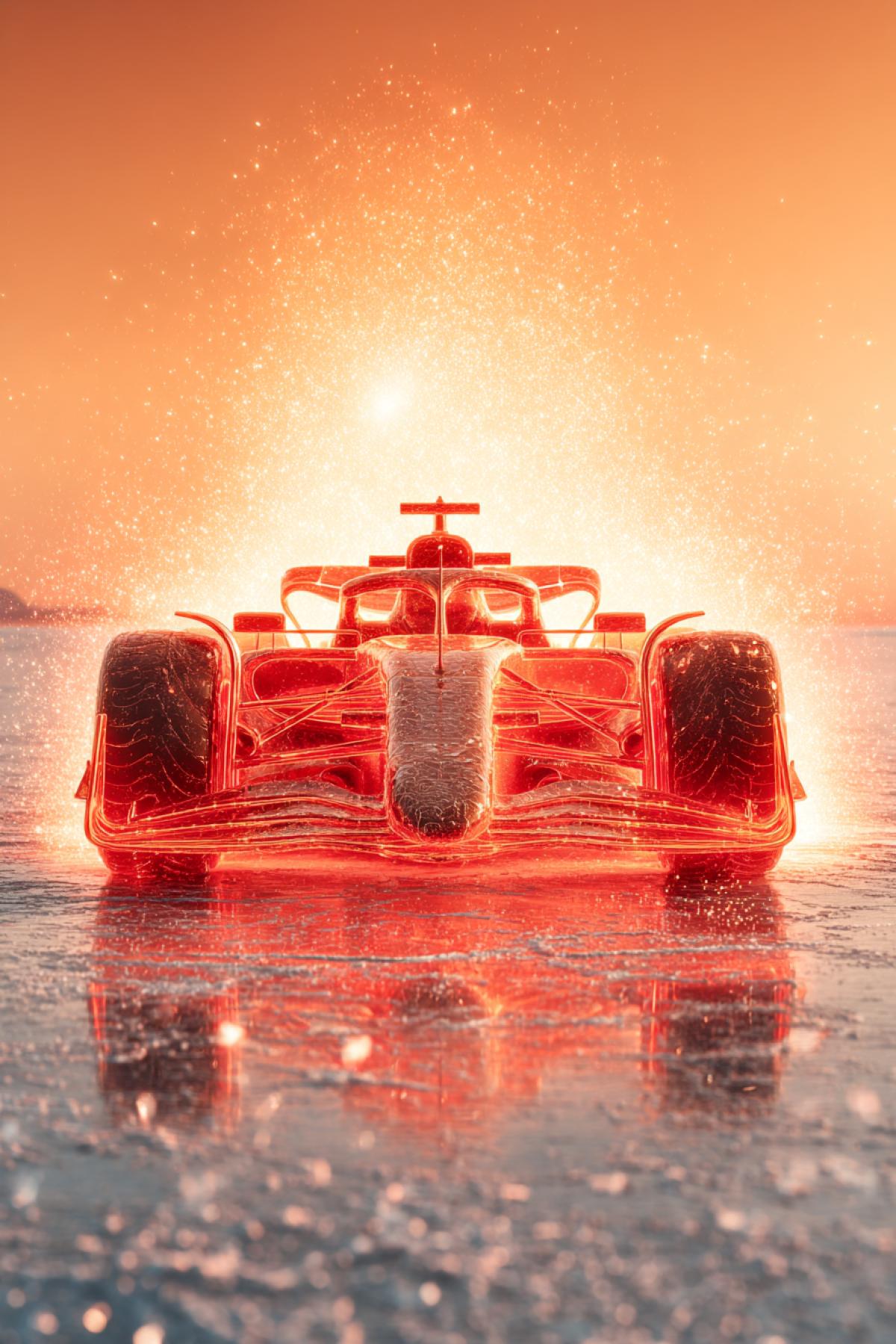 Photorealistic car F1, rushing along a redhot salt desert. Its case reflects sunlight as a mirror, creating a halo of plasma glow around the machine. The rear wheels do not raise dust, but the crystals of salt that explode in the air with diamond spray. Ahead Mirage: the same car is visible on the horizon, but from clean fire. Removed on Sony A7R V with a 400mm telephone lens, exposure 1/4000 seconds. Style: Surrealistic hyperrealism