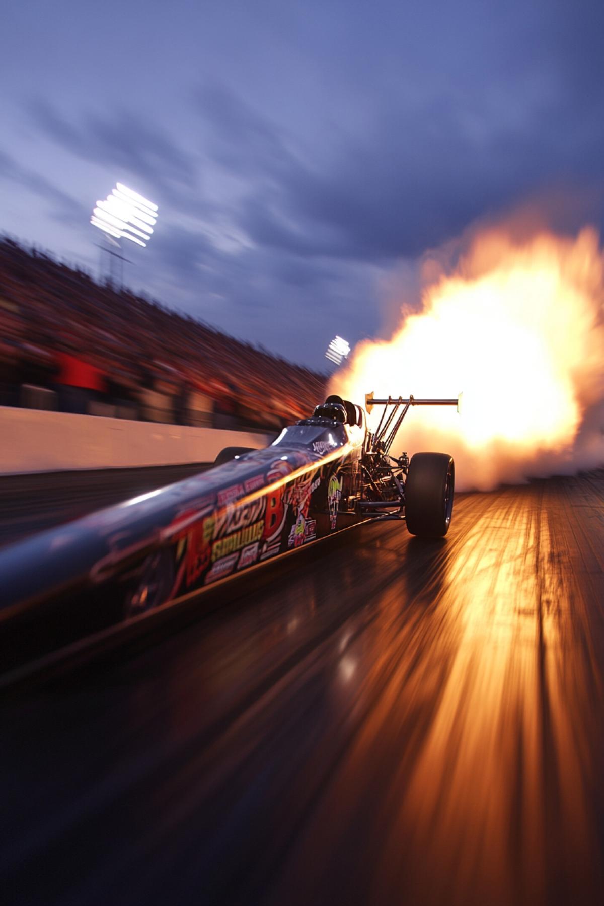 A Top Fuel dragster, the quintessence of power and elegance, blasts down the track at insane speed. The cars sleek, aerodynamic glistens under the bright race lights, its massive rear tires gripping the asphalt as flames burst from the exhaust. The sheer force of acceleration distorts the air around it, creating a sense of blistering motion. The crowd in the background cheers wildly, their faces filled with excitement. The photograph captures the deafening roar of the engine, the raw power, and the adrenaline of high-speed racing. Side view, low angle. Ultra-detailed, high-speed motion blur, vibrant colors, dramatic lighting, photorealistic, 8K.