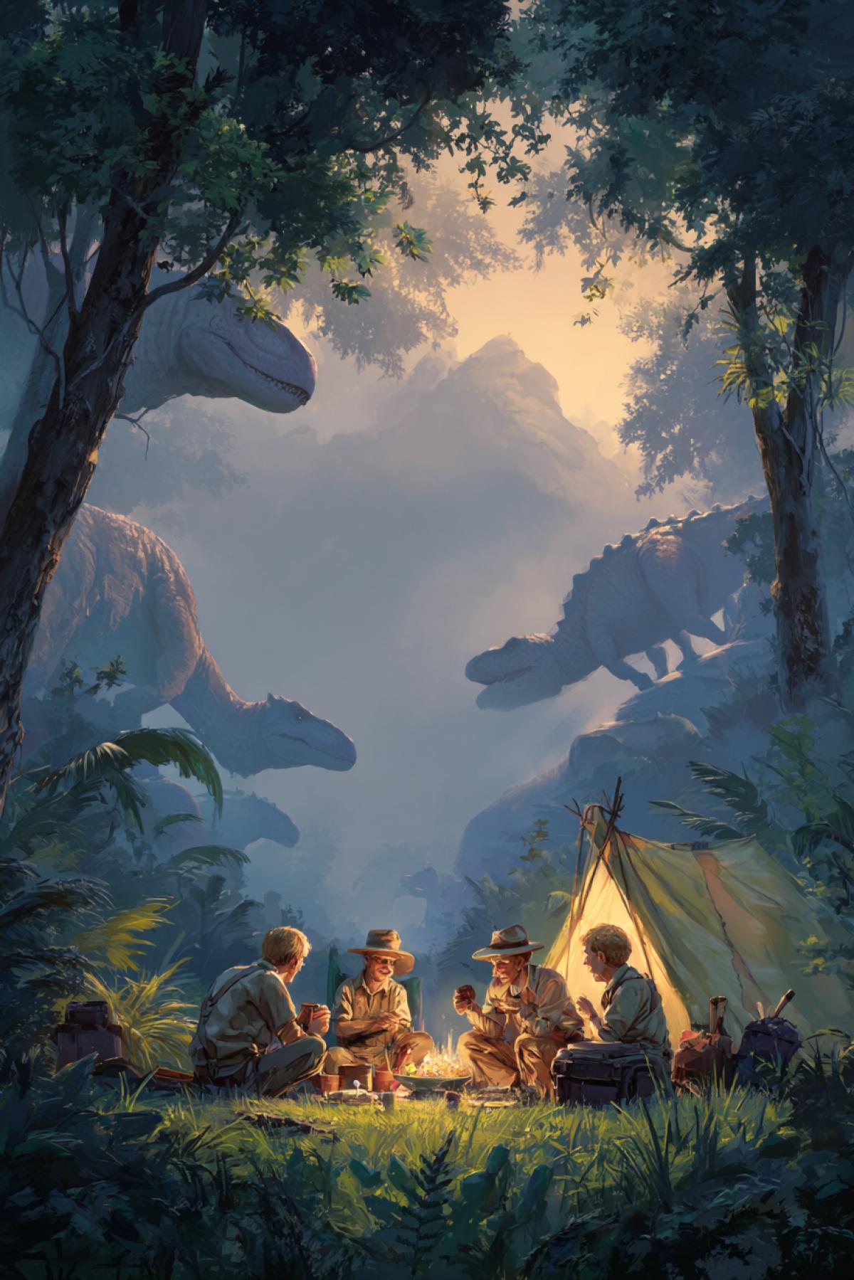 Group of tired happy scientists travellers having dinner on grass near their tent talking and laughing drinking on the background of exotic jungle five dinosaurs hiding in shadows unnoticed lots of details photo