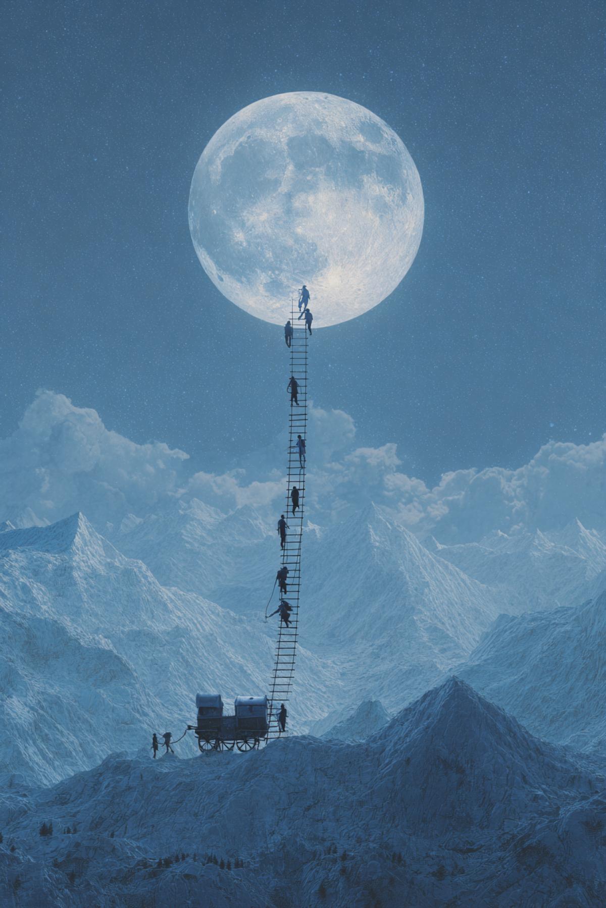 Group of travellers ascending by rope ladder to the moon