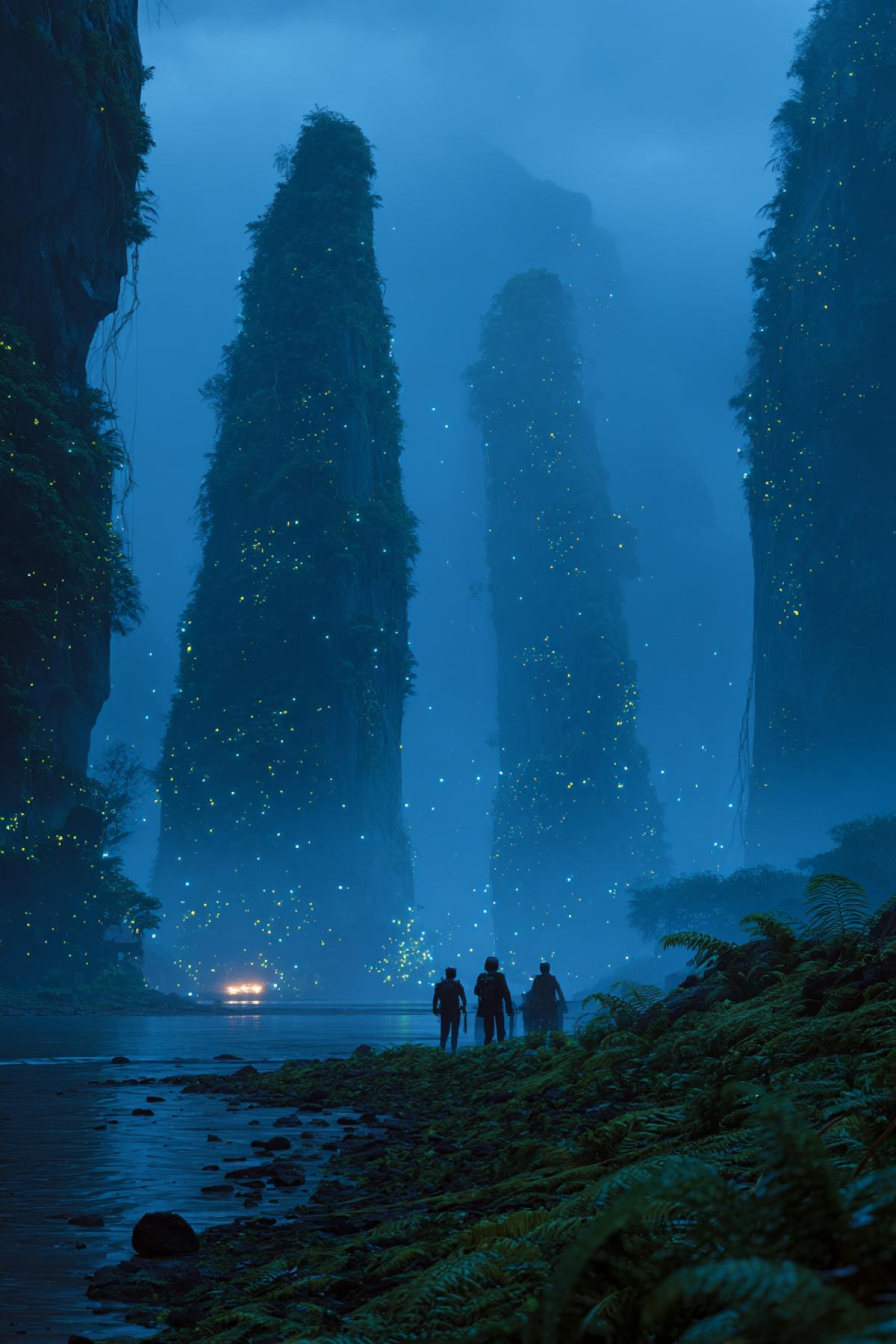 First human landing in a colossal alien jungle, ancient overgrown monoliths rise through mist, expedition team dwarfed by scale, bioluminescent plants, twilight lighting, cinematic com4k, 8k, ultra-detailed foliage, photorealistic\"