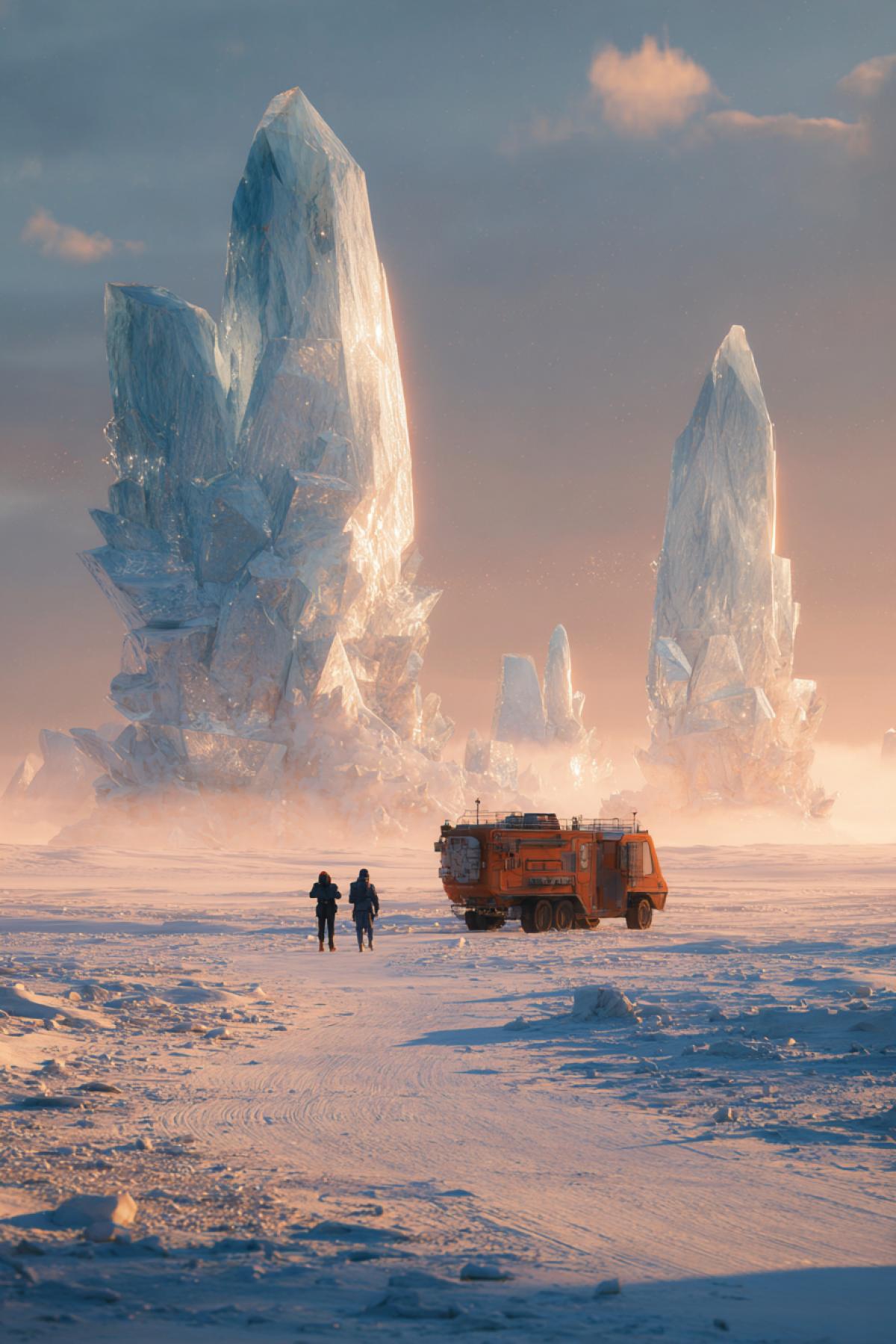 Arctic desert with massive crystalline towers, stormy sky, expedition vehicle half-buried in snow, explorers in futuristic gear, harsh wind blowing snow, golden hour light through ice shards, hyperrealistic, moody, 35mm cinematic frame