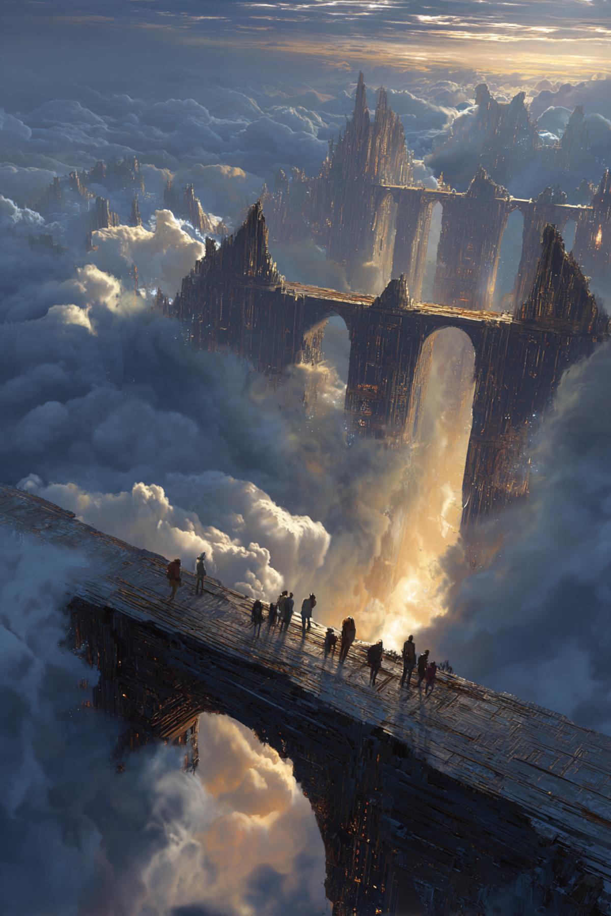 Ruins of a forgotten sky city floating above clouds, expedition team walking across a shattered bridge of light, surreal architecture, glowing runes, ancient tech, mysterious atmosphere, epic wide shot, high contrast, dreamlike realism