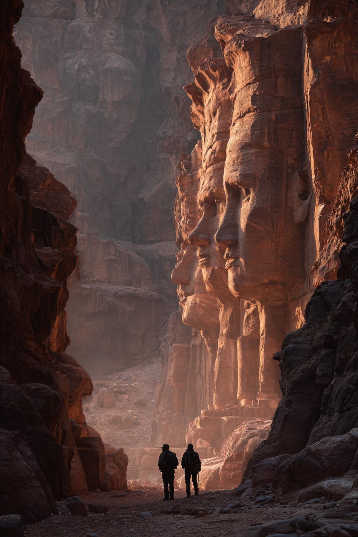 Deserted megastructure in a red rock canyon, expedition lights illuminate titanic carved faces and alien symbols, twilight hour, sharp shadows, ultra-detailed dust and texture, dramatic scale, explorers silhouetted in the glow