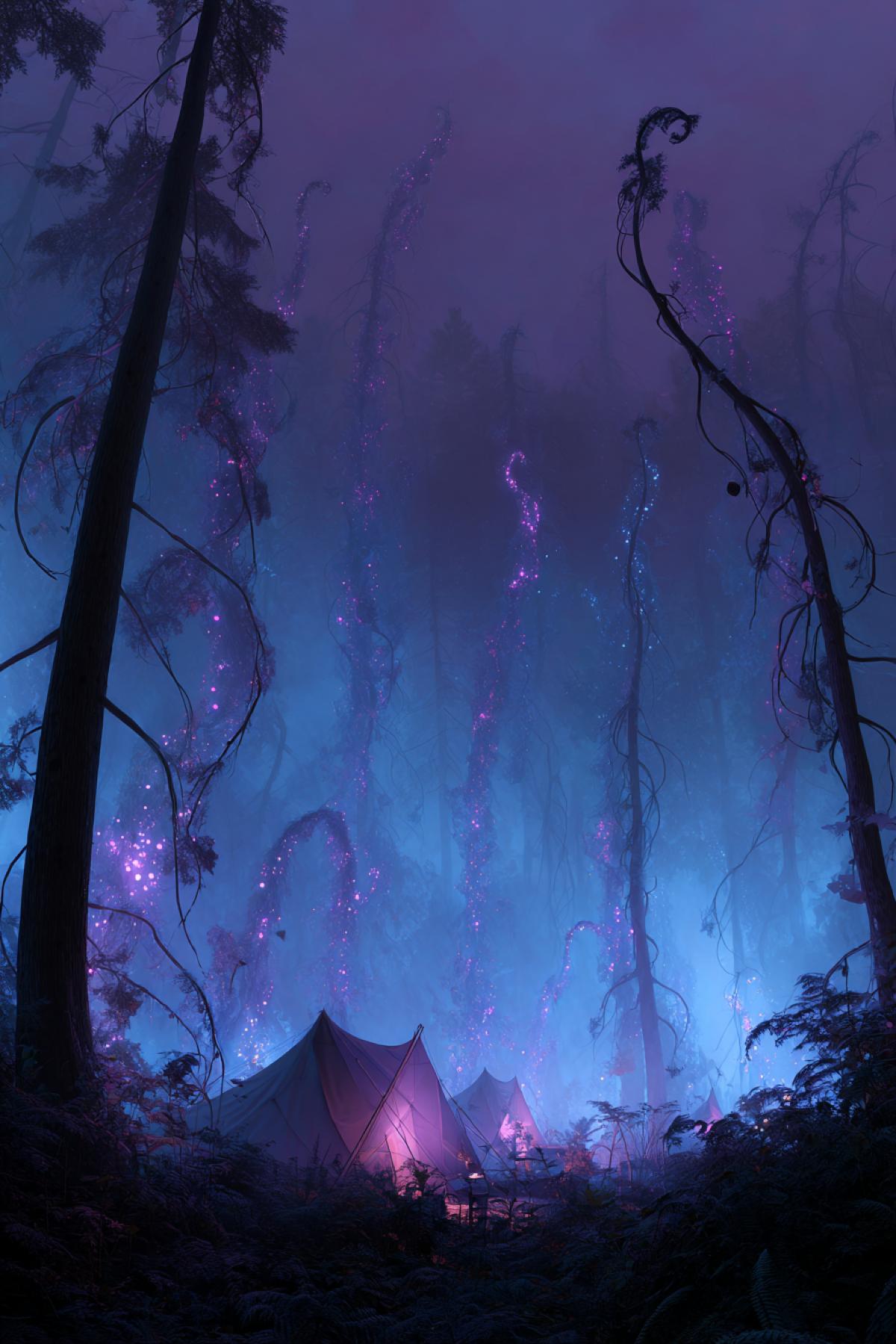 dark forest at night with gravity anomalies, trees growing in spirals, glowing fog, expedition tent hovering slightly above ground, soft purple-blue ambient light, surreal atmosphere, hauntingly beautiful, fine art photo realism