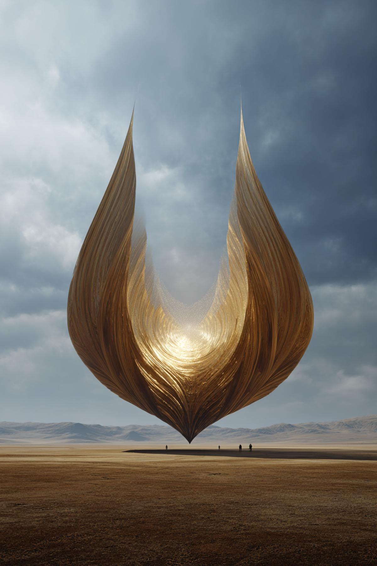 A vast crater in an endless plain reveals a floating inverted temple suspended in a void gravity breaks inward, expedition lights cascade upward, golden fractal patterns pulsing in midair, horizon warping, explorers dwarfed by scale, dreamlike geometry, photorealistic surrealism, Dali meets Interstellar