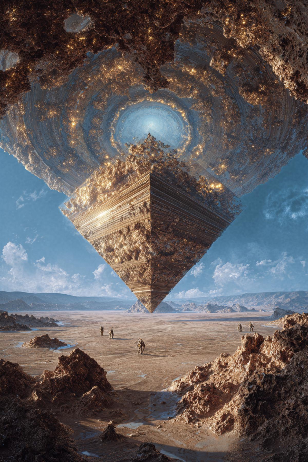 A vast crater in an endless plain reveals a floating inverted temple suspended in a void gravity breaks inward, expedition lights cascade upward, golden fractal patterns pulsing in midair, horizon warping, explorers dwarfed by scale, dreamlike geometry, photorealistic surrealism, Dali meets Interstellar