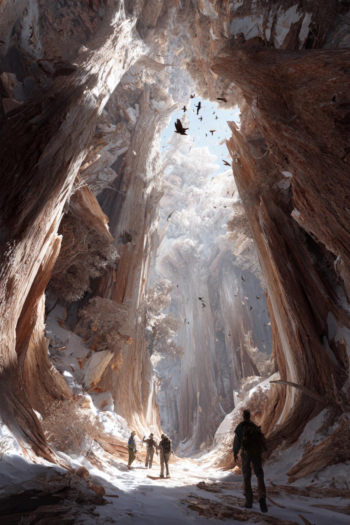 Expedition enters a petrified forest where time stands still colossal trees frozen mid-collapse, birds suspended mid-flight in the air like sculptures, glowing cracks in the bark reveal inner starscapes, surreal lighting, explorers frozen in awe, magical realism, cinematic wide shot, unreal detail, majestic silence