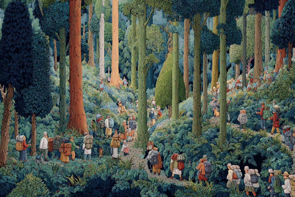 Drash of travelers in a dense forest