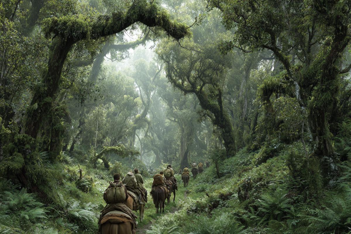 Drash of travelers in a dense forest