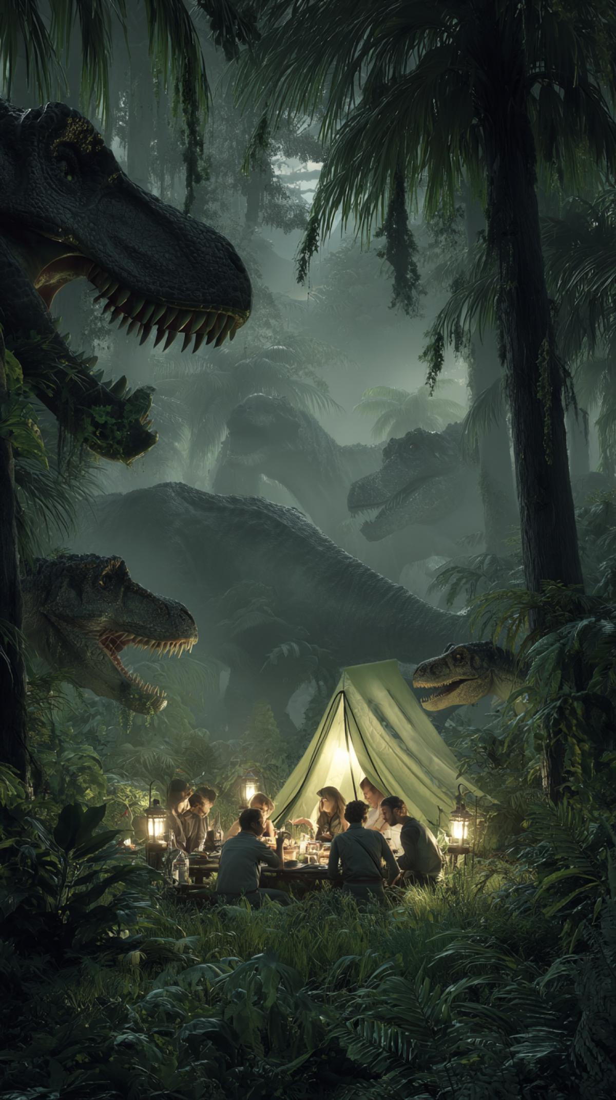 Group of tired happy scientists travellers having dinner on grass near their tent talking and laughing drinking on the background of exotic jungle five dinosaurs hiding in shadows unnoticed lots of details photo