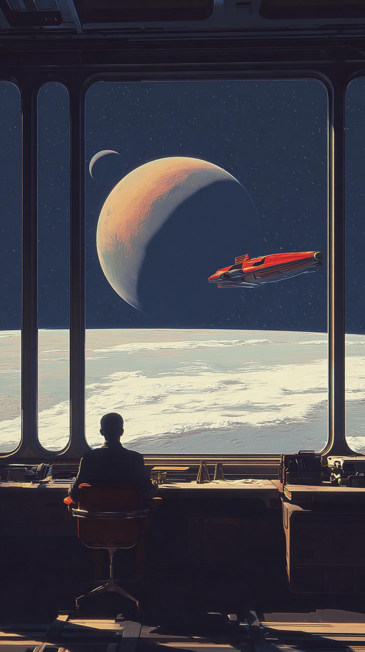 A person sits at his table in the office of a spaceship, looking at the planet Mars at a distance. A small red ship floats next to him