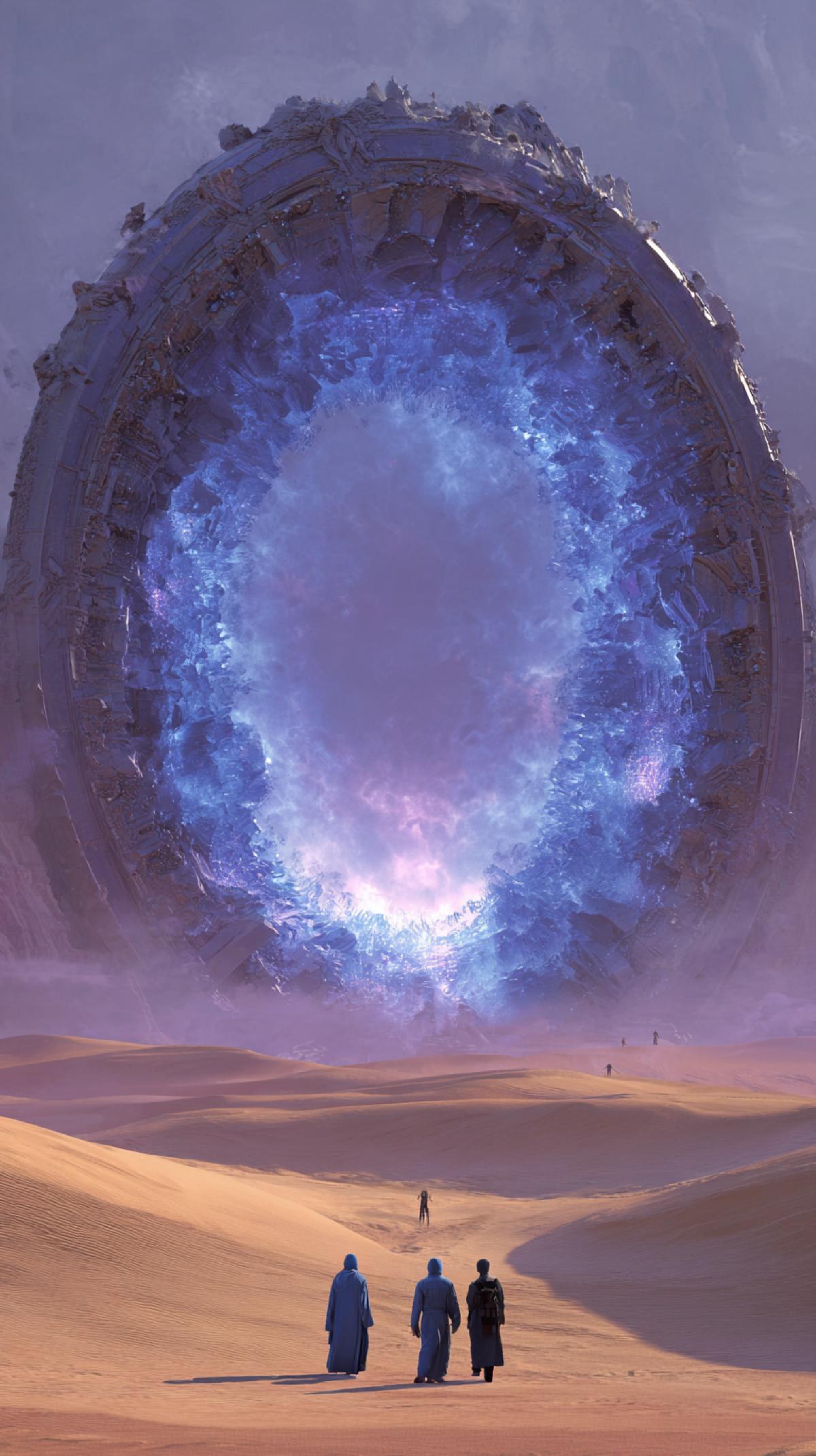 a group of scientists went on an expedition to the desert. they discovered an enormous artifact from another dimension, which glows with a blue and purple light and looks like a portal. fantasy, cinematic, photoshop. year 3037