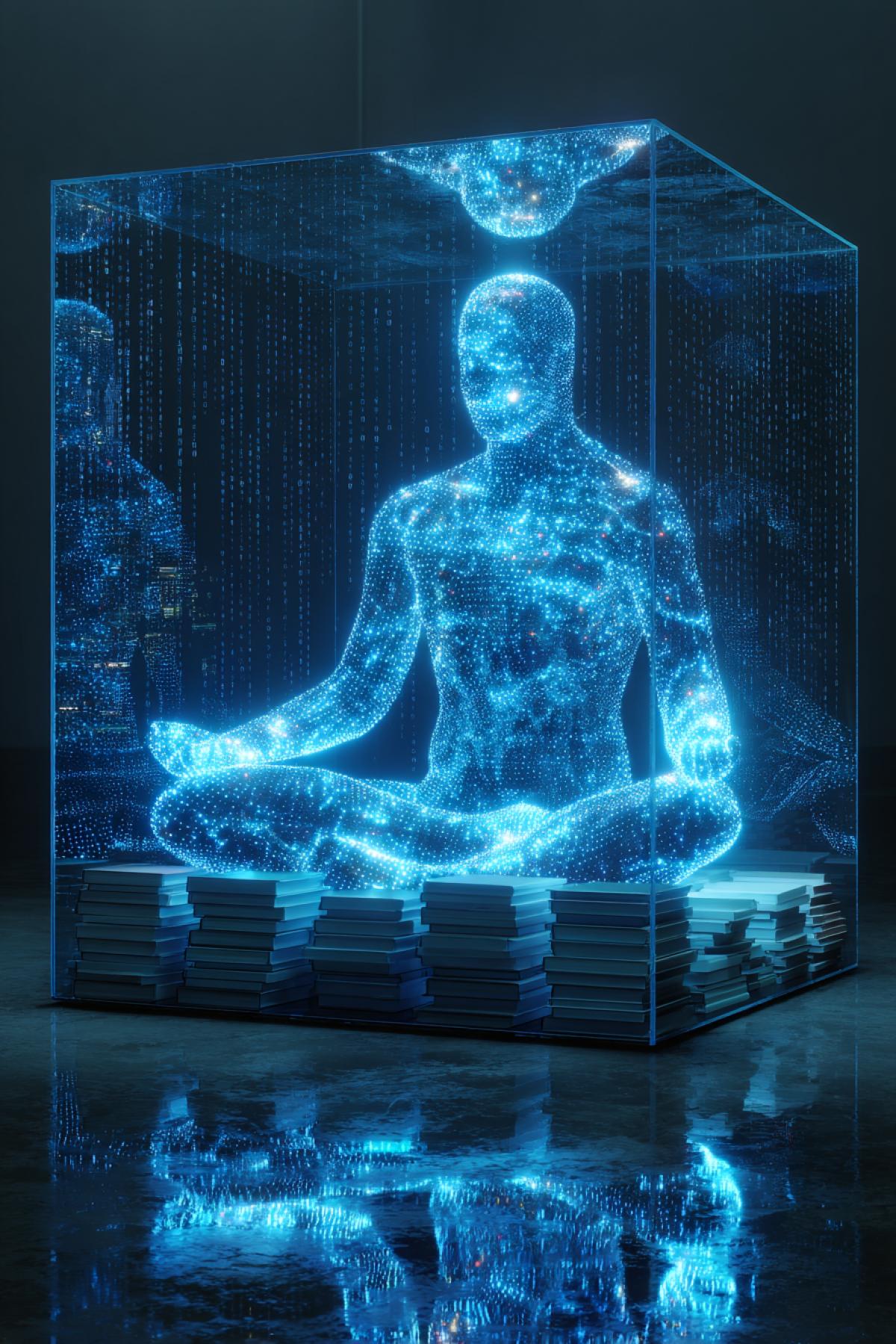A humanoid of blue hologram threads sitting in a lotus 4k inside a big transparent cube. Inside the cube-flying digital books, each is a luminous NFT. His fingers relate to data streams, creating new branches of information. Background: Dark cyberspace with matrix rain. Style: neon futurism, 8k.